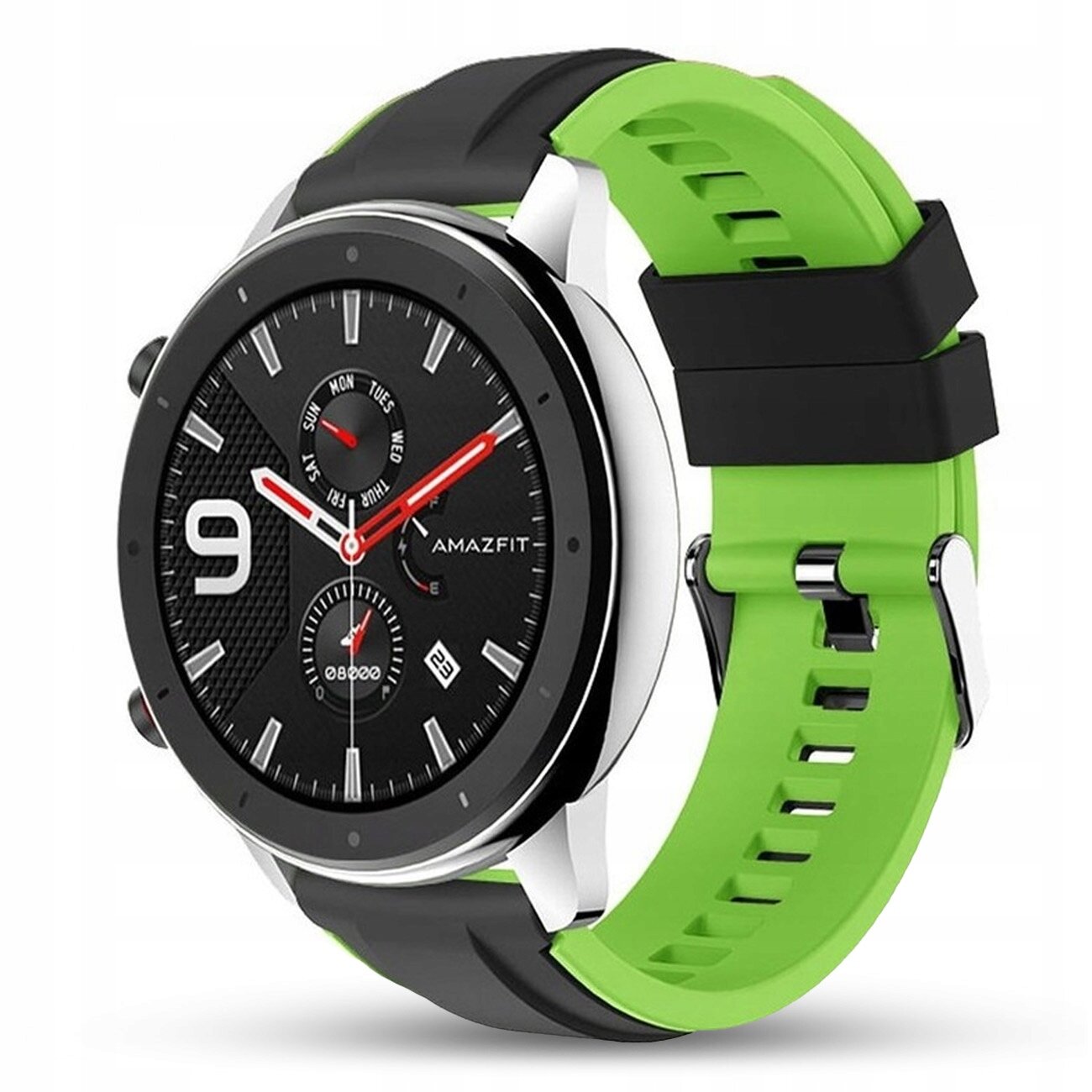 Smartwatch z okrągłą tarczą, czarnym i zielonym silikonowym paskiem. Na tarczy widoczne są wskazówki, cyfry oraz logo \'AMAZFIT\'.