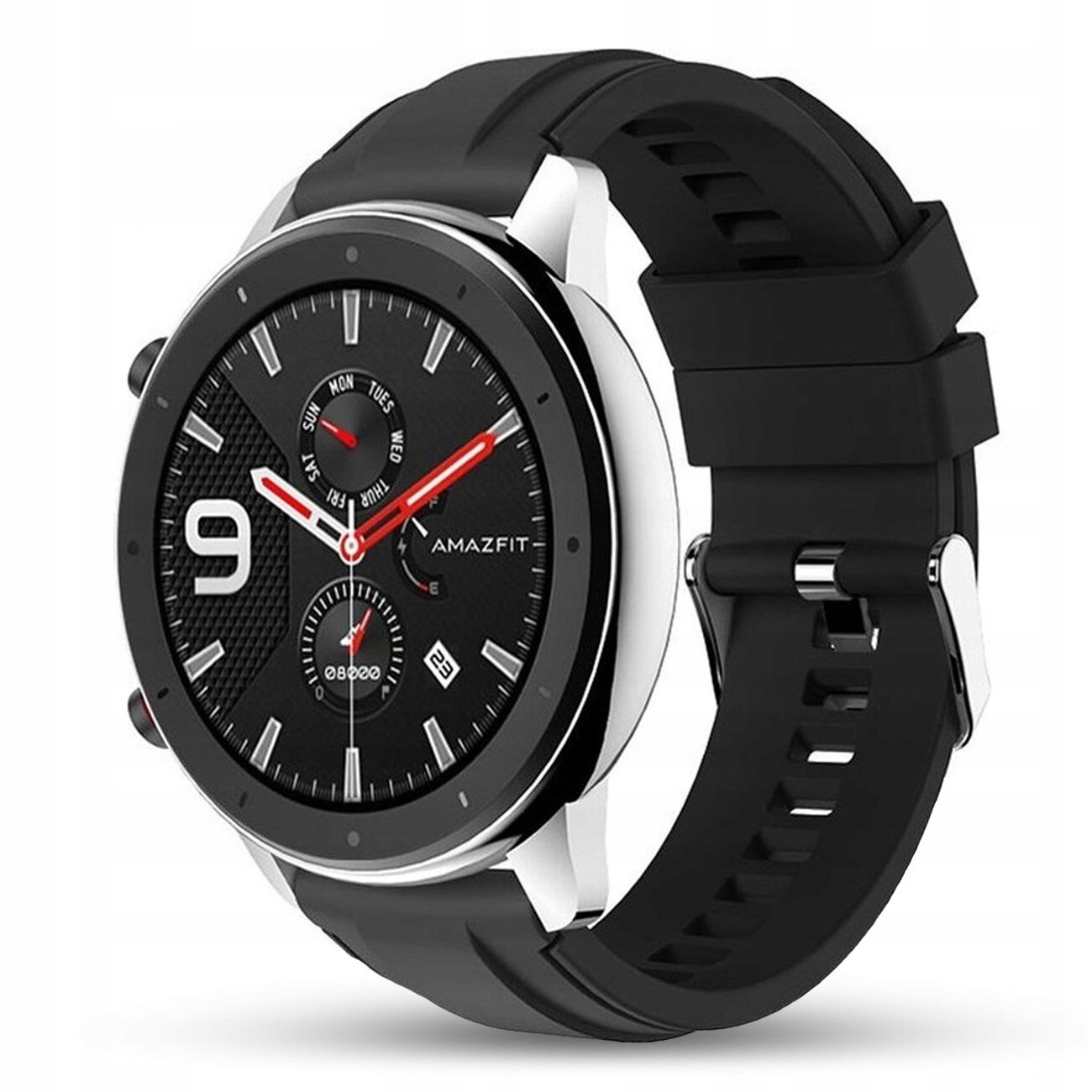 Smartwatch z okrągłą tarczą, czarnym silikonowym paskiem i srebrną obudową. Na tarczy widoczne są wskazówki, cyfry oraz logo \'AMAZFIT\'.