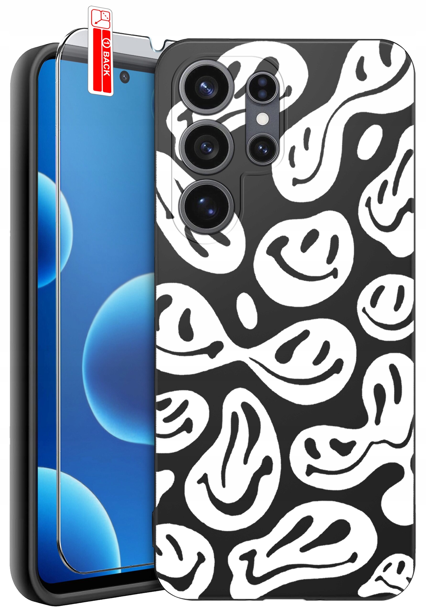 Obraz przedstawia czarne etui na telefon z białymi wzorami przypominającymi uśmiechnięte twarze. Obok etui znajduje się szkło ochronne z napisem \'BACK\'.