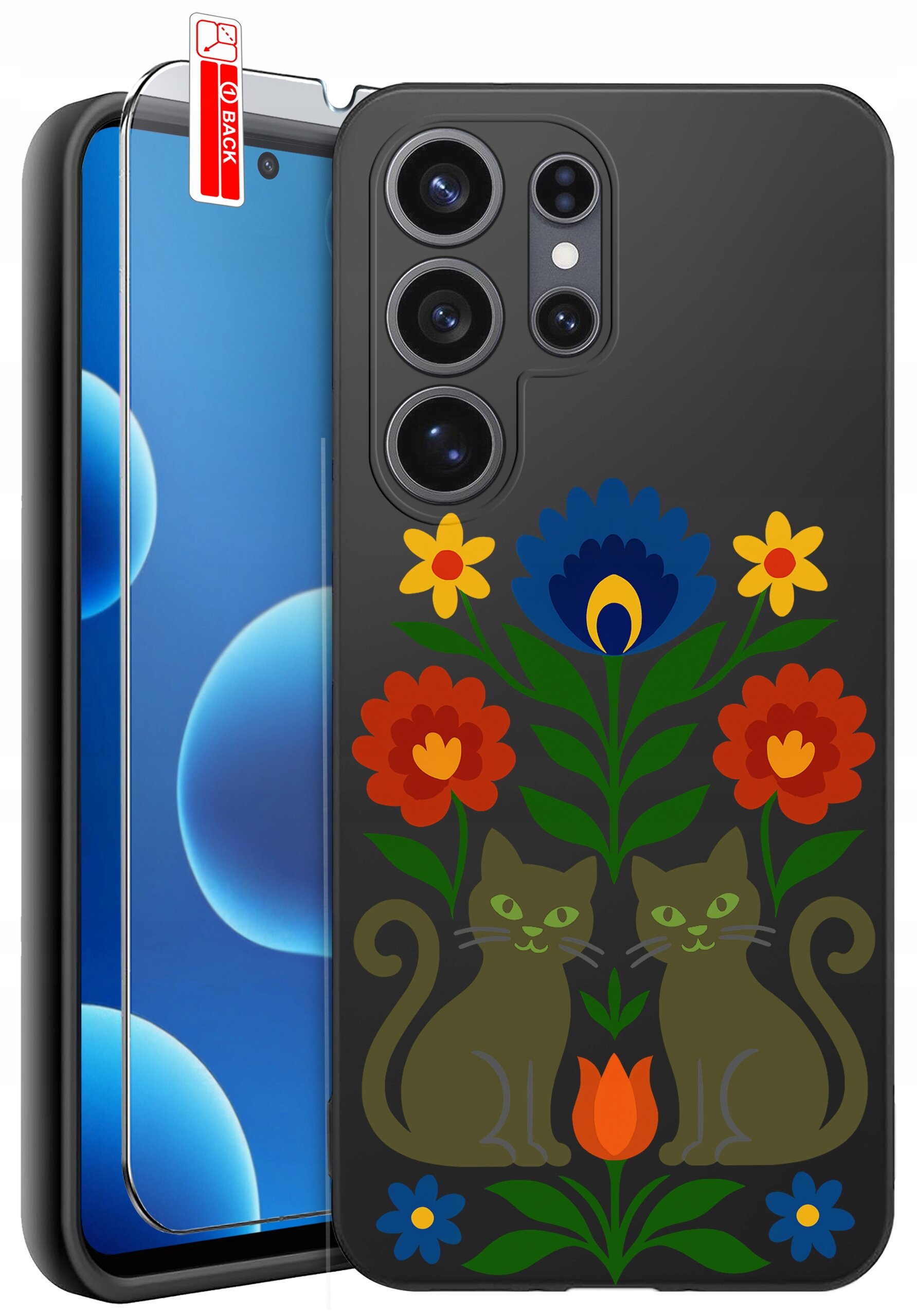 Etui na telefon z kolorowym wzorem przedstawiającym dwa koty otoczone kwiatami. Obok etui znajduje się szkło ochronne z naklejką \'BACK\'.