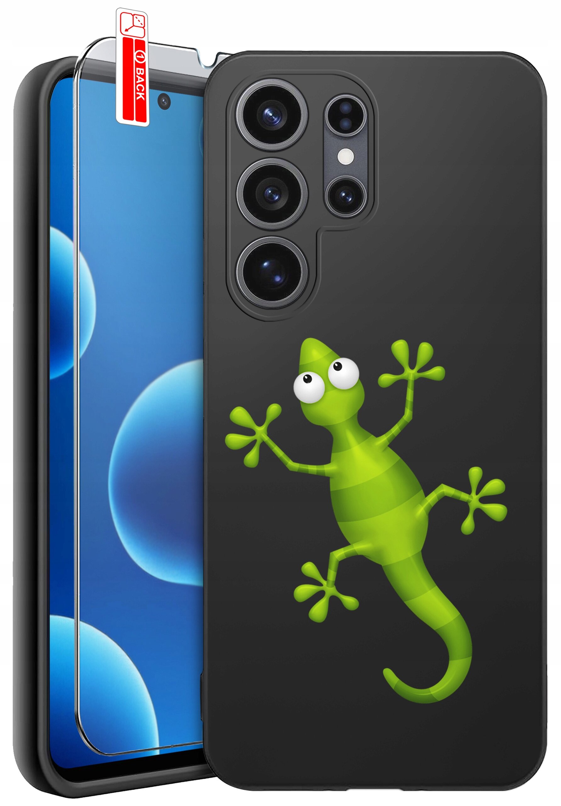 Czarne etui na telefon z zielonym rysunkiem jaszczurki oraz szkło ochronne z napisem \'BACK\'.