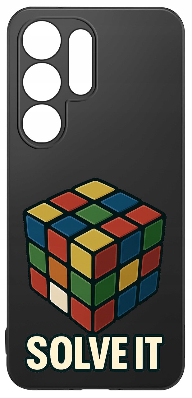 Czarne etui z kolorowym wzorem kostki Rubika i napisem \'SOLVE IT\' na dole.