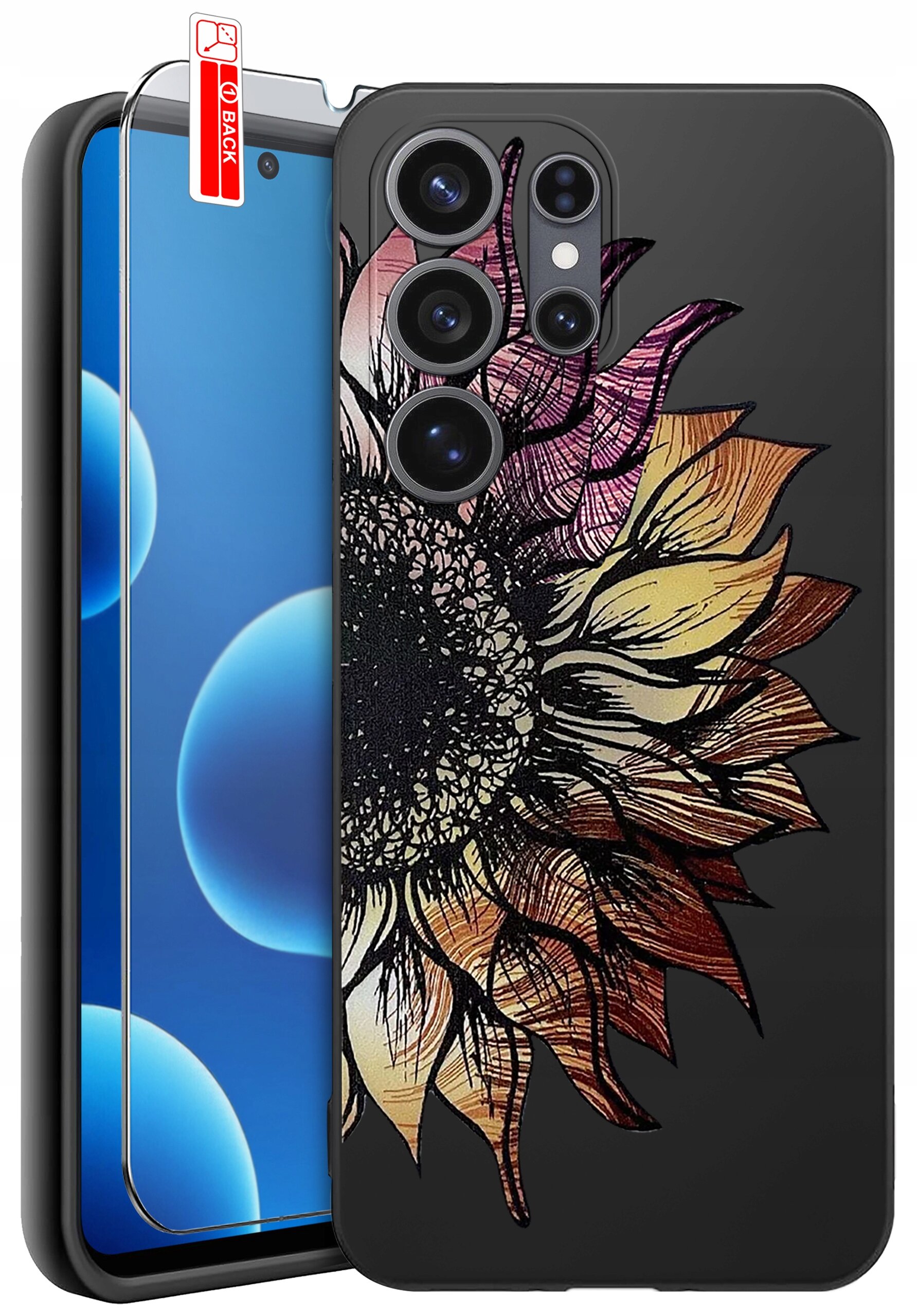 Etui na telefon z kolorowym wzorem kwiatu na czarnym tle, obok znajduje się szkło ochronne z napisem \'BACK\'.