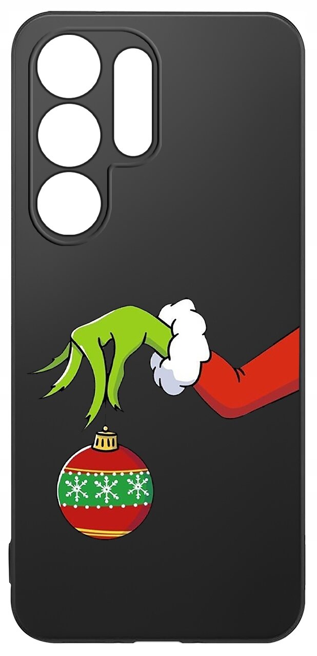 Czarne etui na telefon z grafiką przedstawiającą zieloną rękę trzymającą czerwoną bombkę z zielonym pasem i białymi śnieżynkami. Etui ma wycięcia na aparat i przyciski.