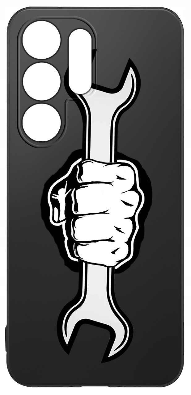 Czarne etui na telefon z grafiką przedstawiającą białą rękę trzymającą klucz francuski. Etui ma wycięcia na trzy obiektywy aparatu i lampę błyskową.