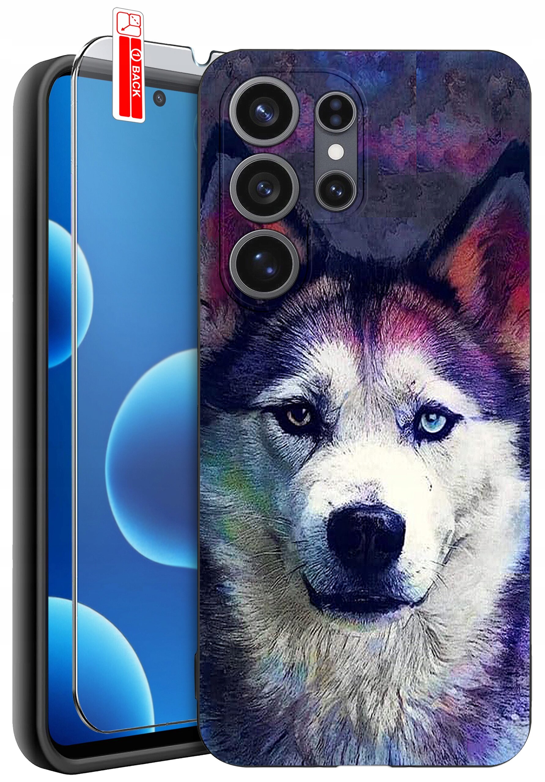 Etui na telefon z nadrukiem psa o niebieskich oczach, w tle kolorowe wzory. Obok znajduje się szkło ochronne z etykietą \'BACK\'.