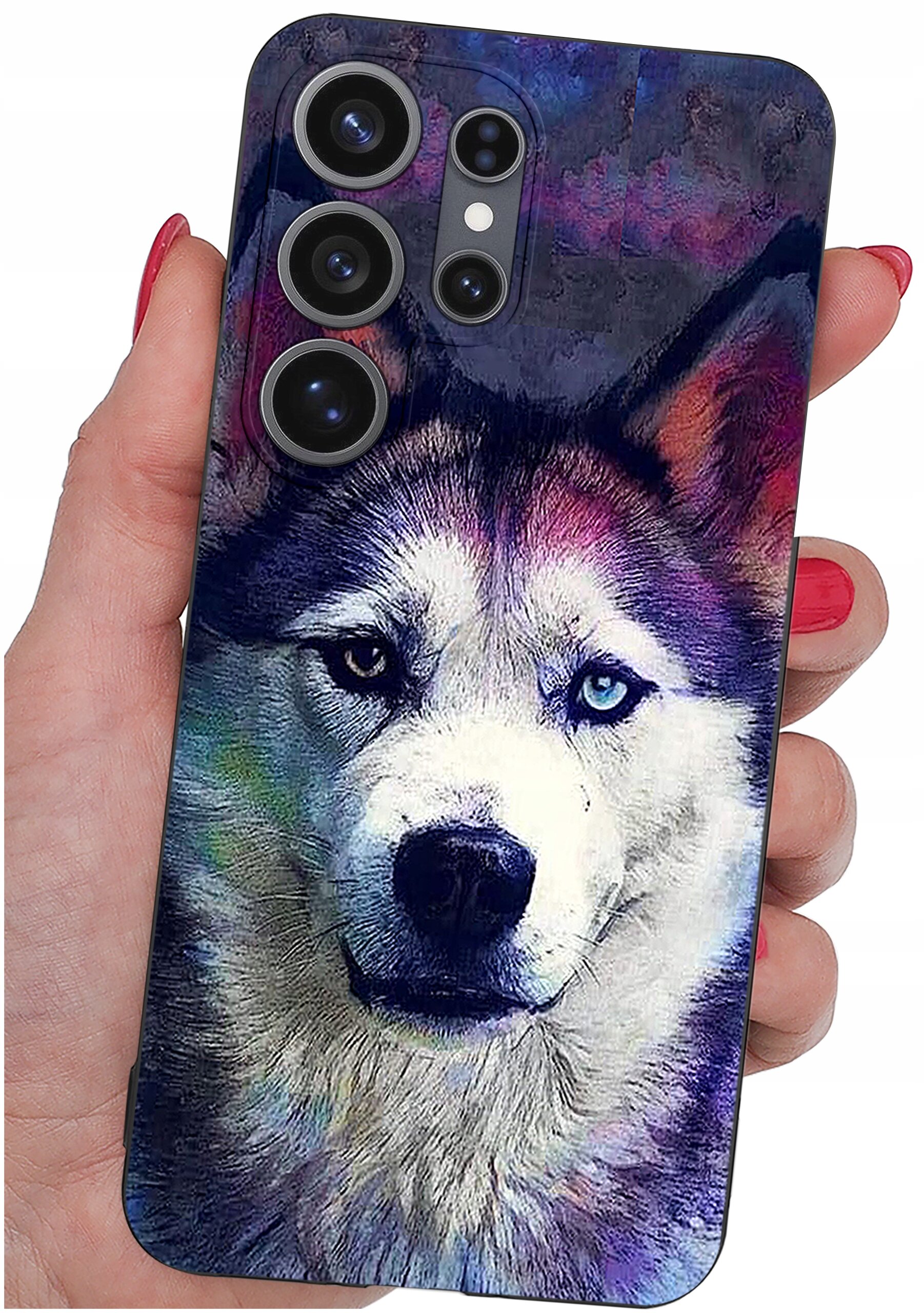 Etui na telefon z kolorowym nadrukiem przedstawiającym psa o różnobarwnym futrze. Widoczne są cztery otwory na aparaty fotograficzne.