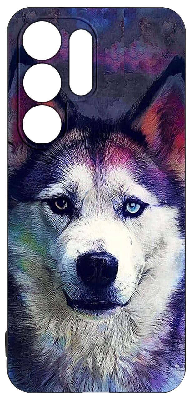 Etui na telefon z nadrukiem przedstawiającym psa o różnokolorowym futrze i różnobarwnym tle. Etui ma wycięcia na aparat i przyciski.