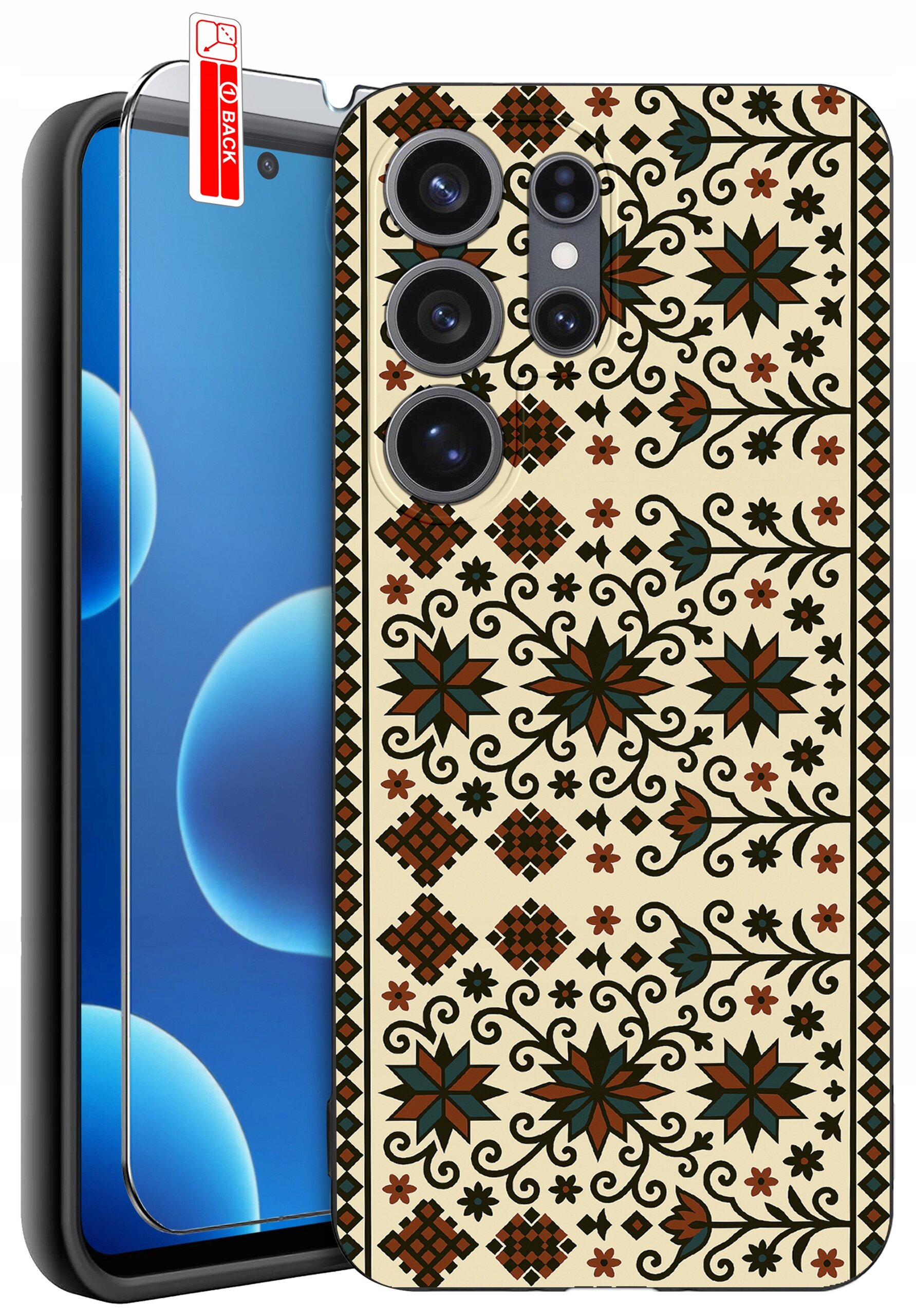 Etui na telefon z wzorem w stylu etnicznym, z motywami kwiatowymi i geometrycznymi w kolorach brązu i zieleni. Obok etui znajduje się szkło ochronne z etykietą \'BACK\'.