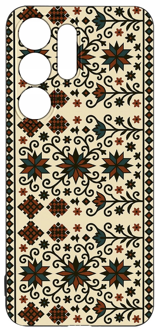 Etui na telefon z wzorem w stylu folkowym, zawierającym geometryczne i kwiatowe motywy w kolorach czarnym, czerwonym i zielonym na beżowym tle. Etui posiada wycięcia na aparat i przyciski.