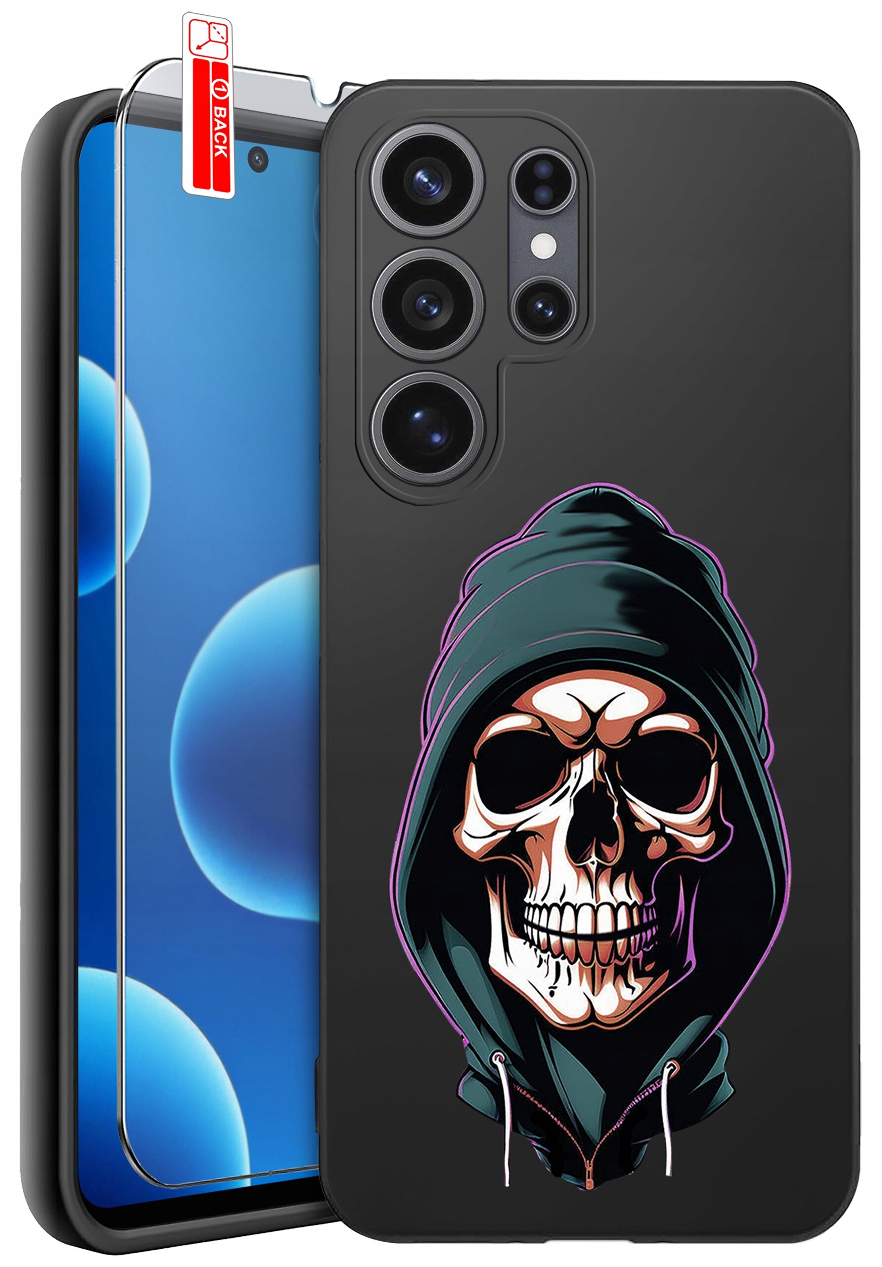 Czarne etui na telefon z nadrukiem czaszki w kapturze, obok znajduje się szkło ochronne z napisem \'BACK\'.