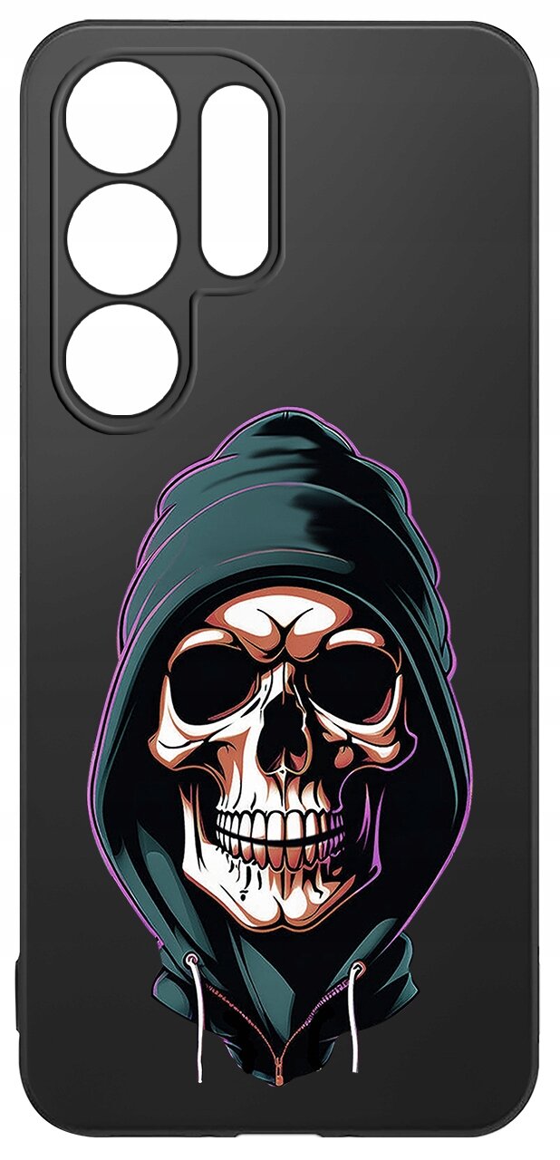 Czarne etui na telefon z nadrukiem czaszki w kapturze. Etui ma wycięcia na aparat i przyciski.