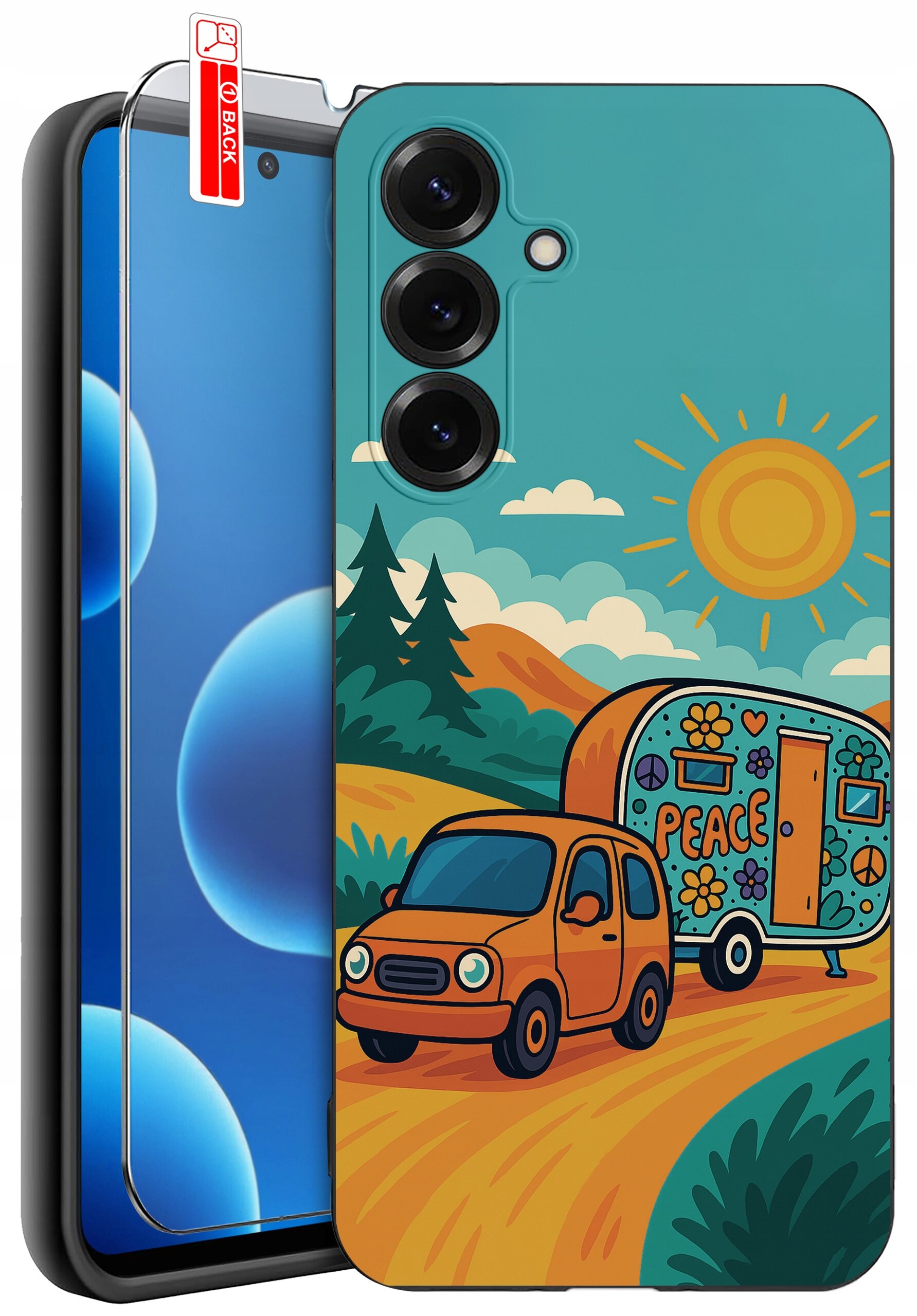 Etui na telefon z kolorowym wzorem przedstawiającym samochód ciągnący przyczepę z napisem \'PEACE\' na tle krajobrazu z górami i słońcem. Obok etui znajduje się szkło ochronne z oznaczeniem \'BACK\'.
