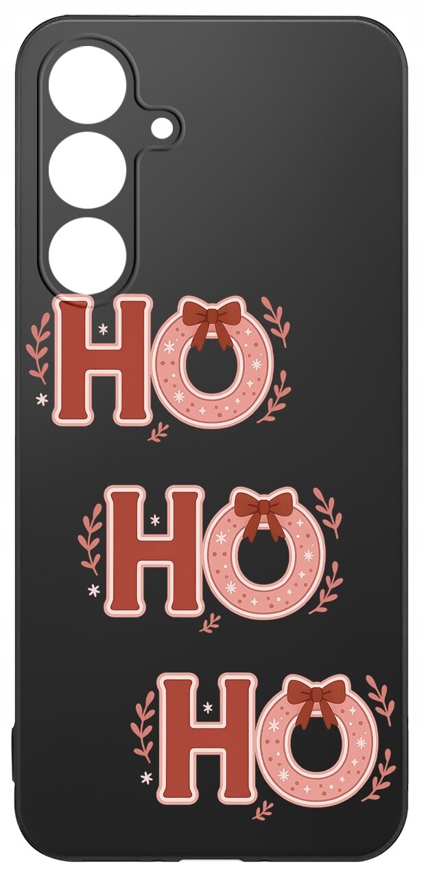 Czarne etui z trzema napisami \'HO HO HO\' w czerwonym kolorze, ozdobionymi kokardkami i gałązkami.