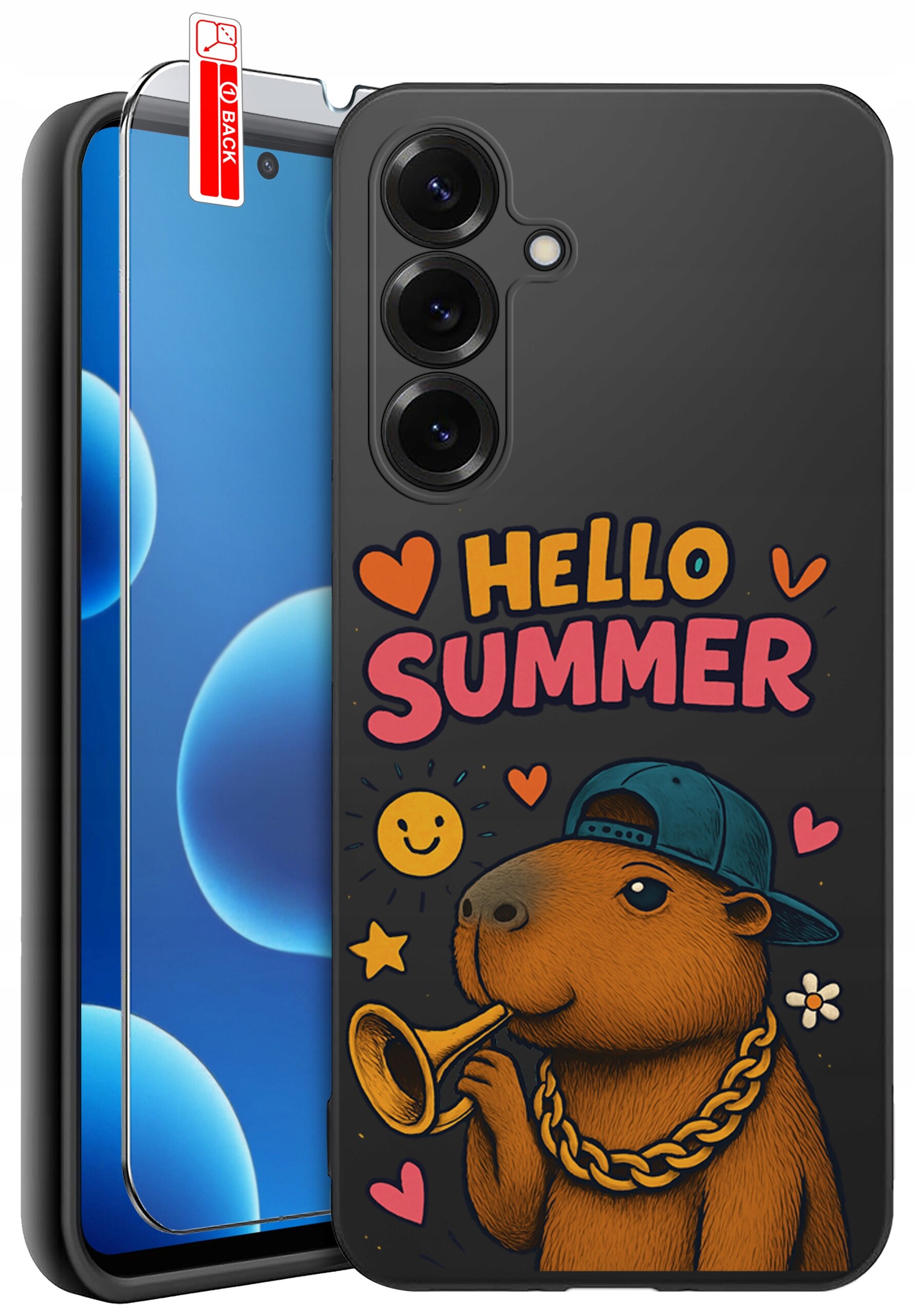 Etui na telefon z grafiką przedstawiającą zwierzę w czapce z daszkiem, trzymające trąbkę, oraz napis \'HELLO SUMMER\'. Obok etui znajduje się szkło ochronne z oznaczeniem \'BACK\'.