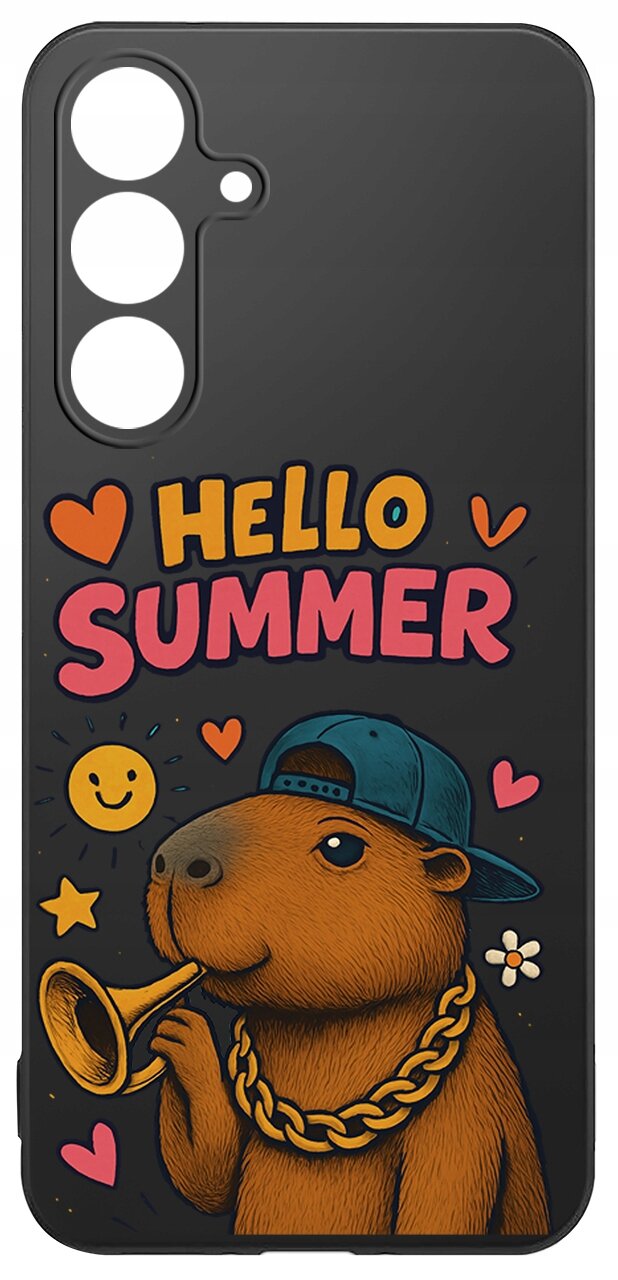 Czarne etui z kolorowym nadrukiem przedstawiającym zwierzę w czapce z łańcuchem, trzymające trąbkę. Napis \'HELLO SUMMER\' otoczony jest serduszkami, uśmiechniętą buźką i kwiatkiem.