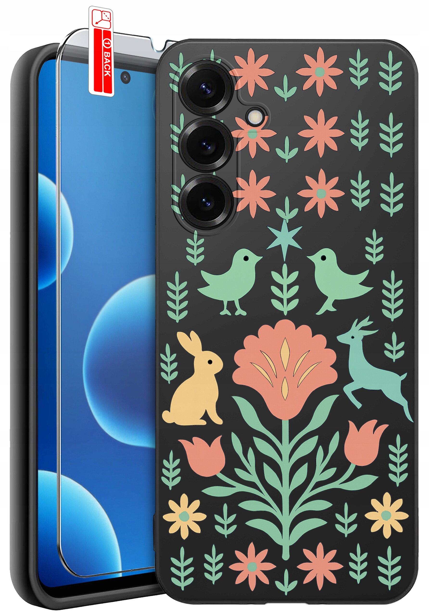 Etui na telefon z kolorowym wzorem przedstawiającym kwiaty, ptaki, królika i jelenia na czarnym tle. Obok etui znajduje się szkło ochronne z napisem \'BACK\'.