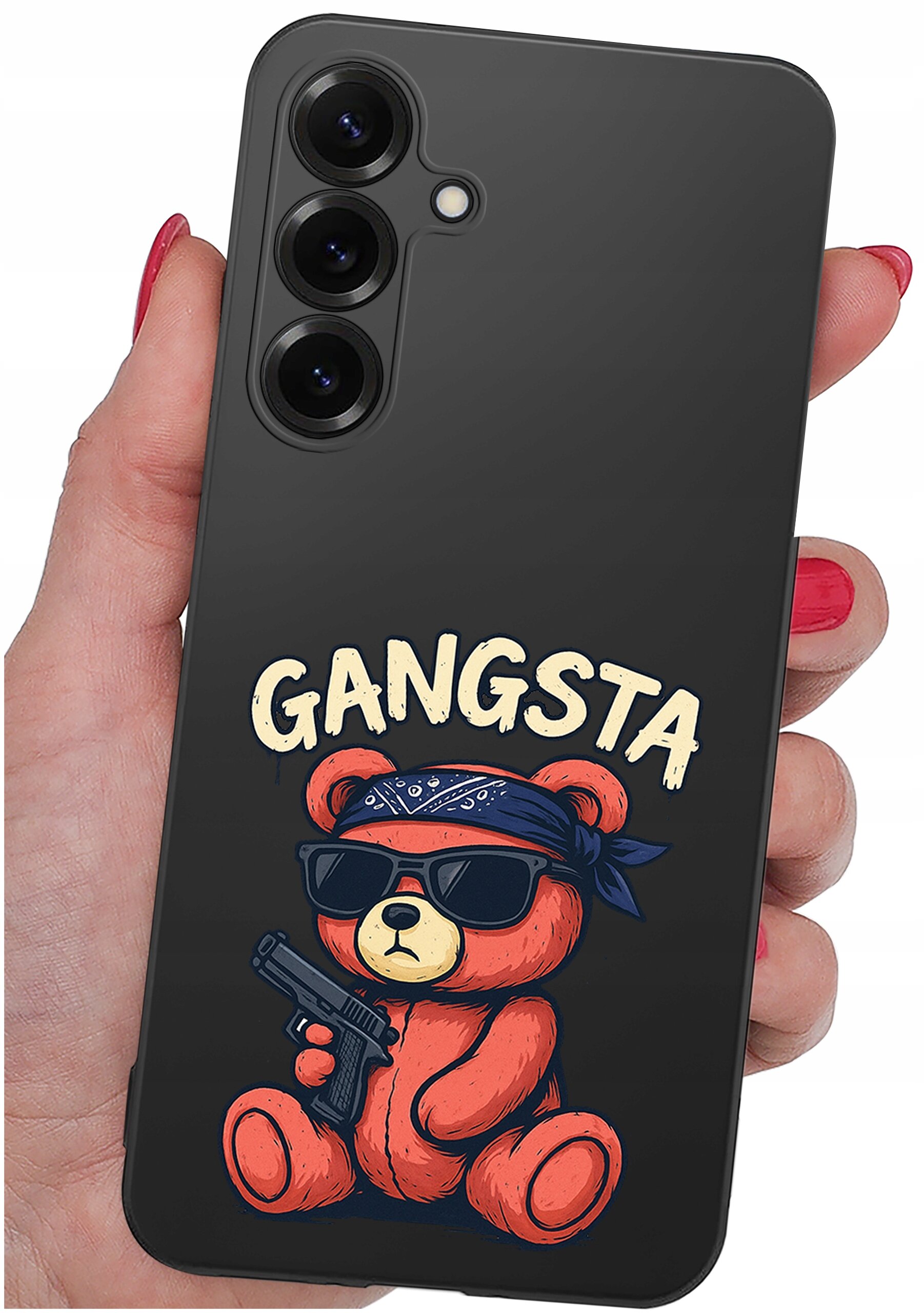 Czarny silikonowy case na telefon z nadrukiem misia w okularach przeciwsłonecznych, trzymającego pistolet, z napisem \'GANGSTA\'.