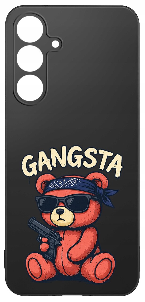 Czarne etui z nadrukiem misia w okularach przeciwsłonecznych, trzymającego pistolet, z napisem \'GANGSTA\' nad nim.