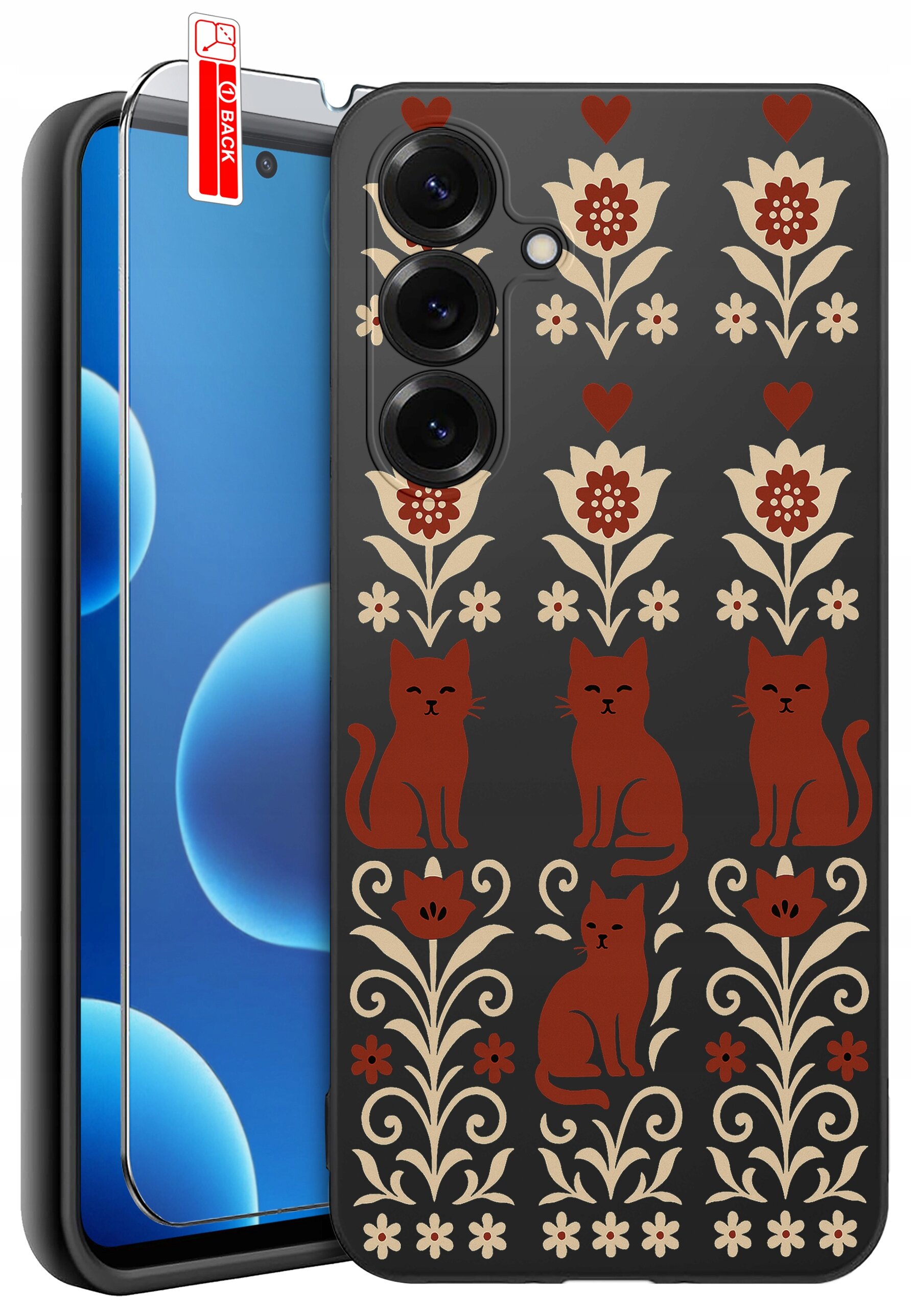 Etui na telefon z wzorem przedstawiającym czerwone koty i kwiaty na ciemnym tle. Obok etui znajduje się telefon z nałożonym szkłem ochronnym, na którym widoczna jest naklejka z napisem \'BACK\'.