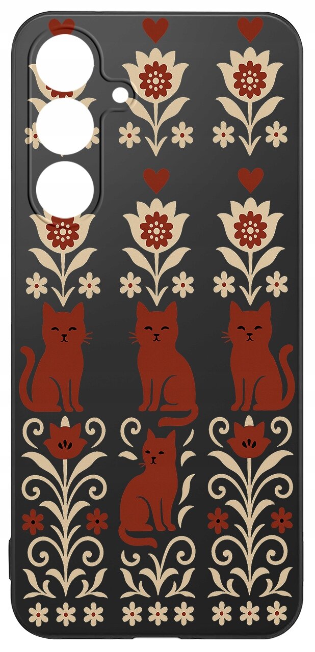 Etui na telefon z czarnym tłem ozdobione wzorem czerwonych kotów i kwiatów w odcieniach beżu i czerwieni. Wzór jest symetryczny, z trzema kotami i kwiatami ułożonymi w pionowych rzędach.