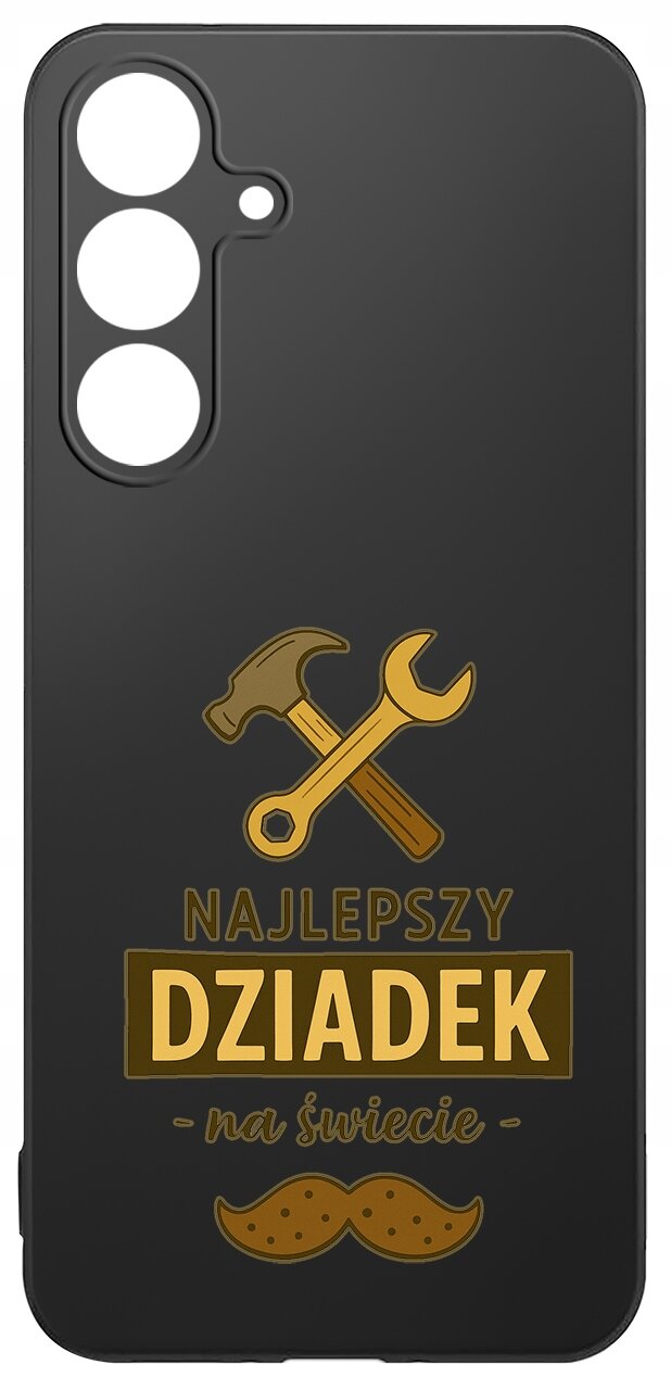 Czarne etui z trzema otworami na aparat, ozdobione grafiką młotka i klucza oraz napisem \'NAJLEPSZY DZIADEK na świecie\'.