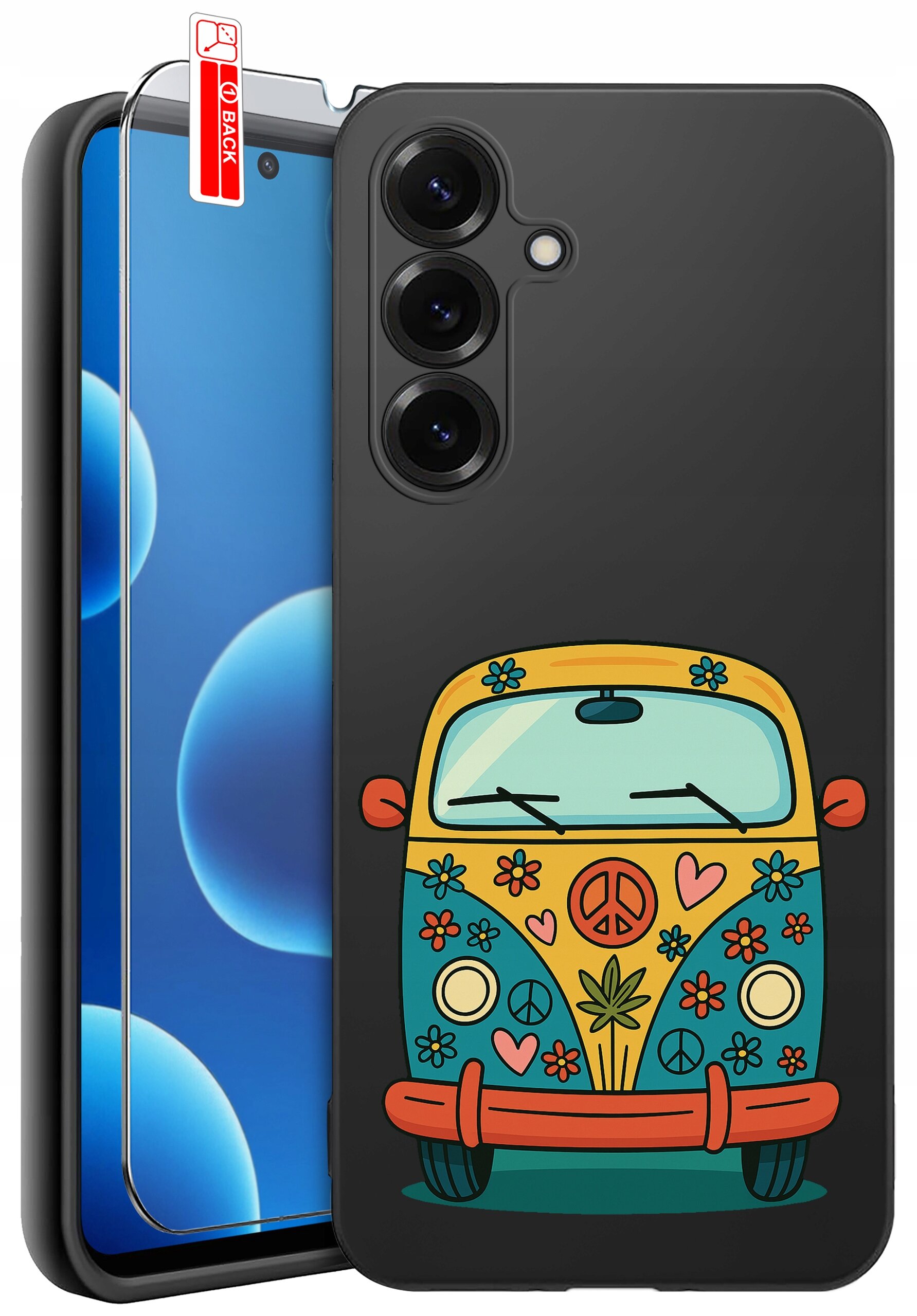 Etui na telefon z kolorowym wzorem przedstawiającym stylizowany samochód z motywami kwiatów i symbolami pokoju. Obok etui znajduje się szkło ochronne z napisem \'BACK\'.