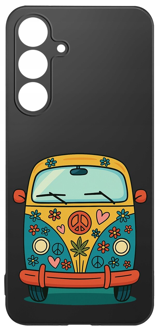 Etui na telefon z kolorowym wzorem przedstawiającym stylizowany samochód ozdobiony kwiatami, sercami i symbolami pokoju. Etui ma wycięcia na aparat i jest wykonane z ciemnego materiału.