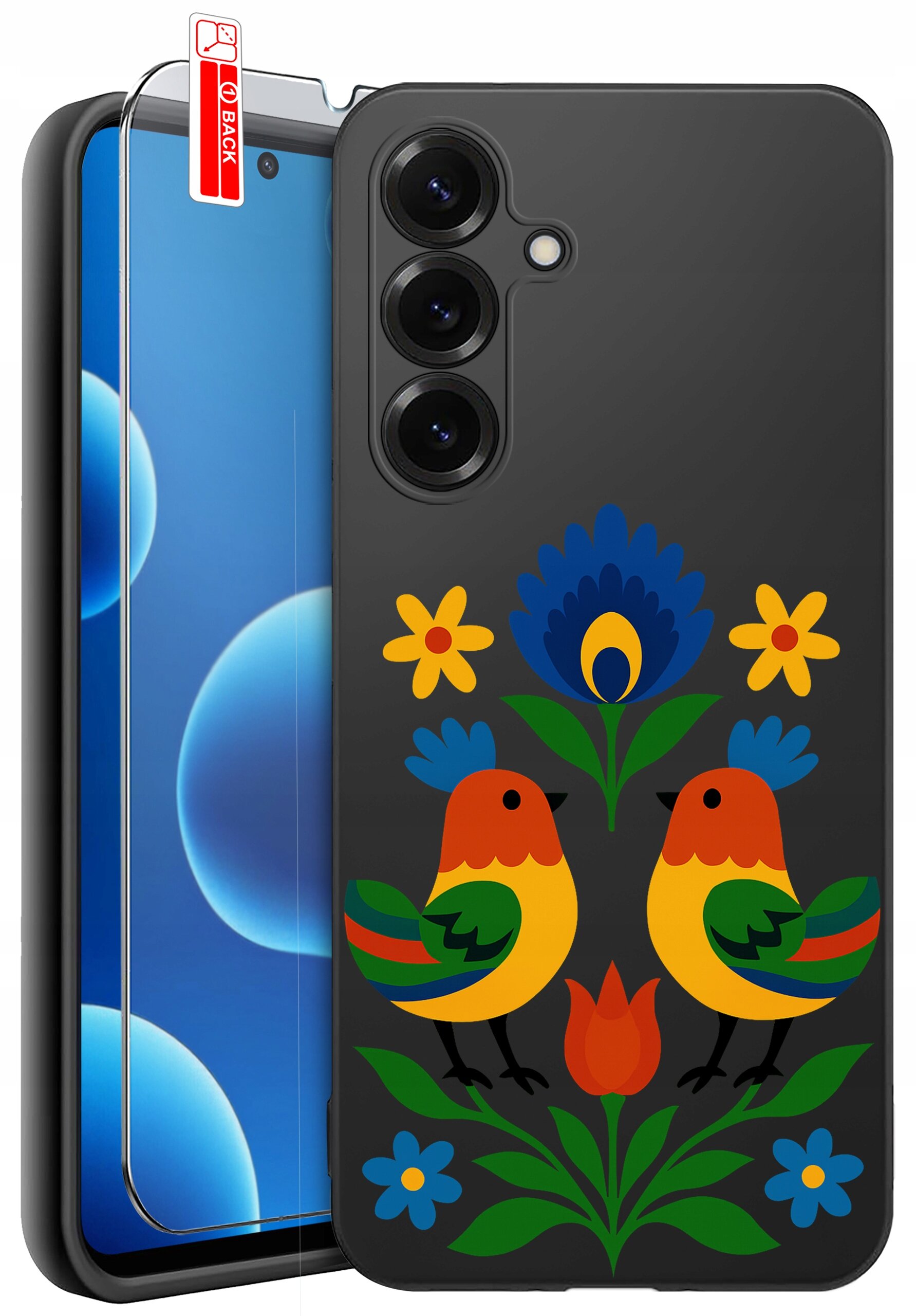 Czarne etui na telefon z kolorowym wzorem przedstawiającym dwa ptaki i kwiaty. Obok etui znajduje się szkło ochronne z naklejką \'BACK\'.