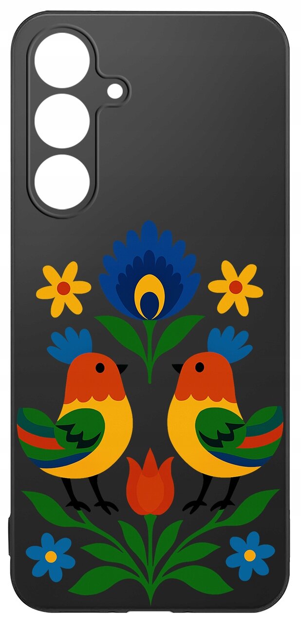 Czarne etui na telefon z kolorowym wzorem przedstawiającym dwa ptaki oraz kwiaty w stylu folkowym.