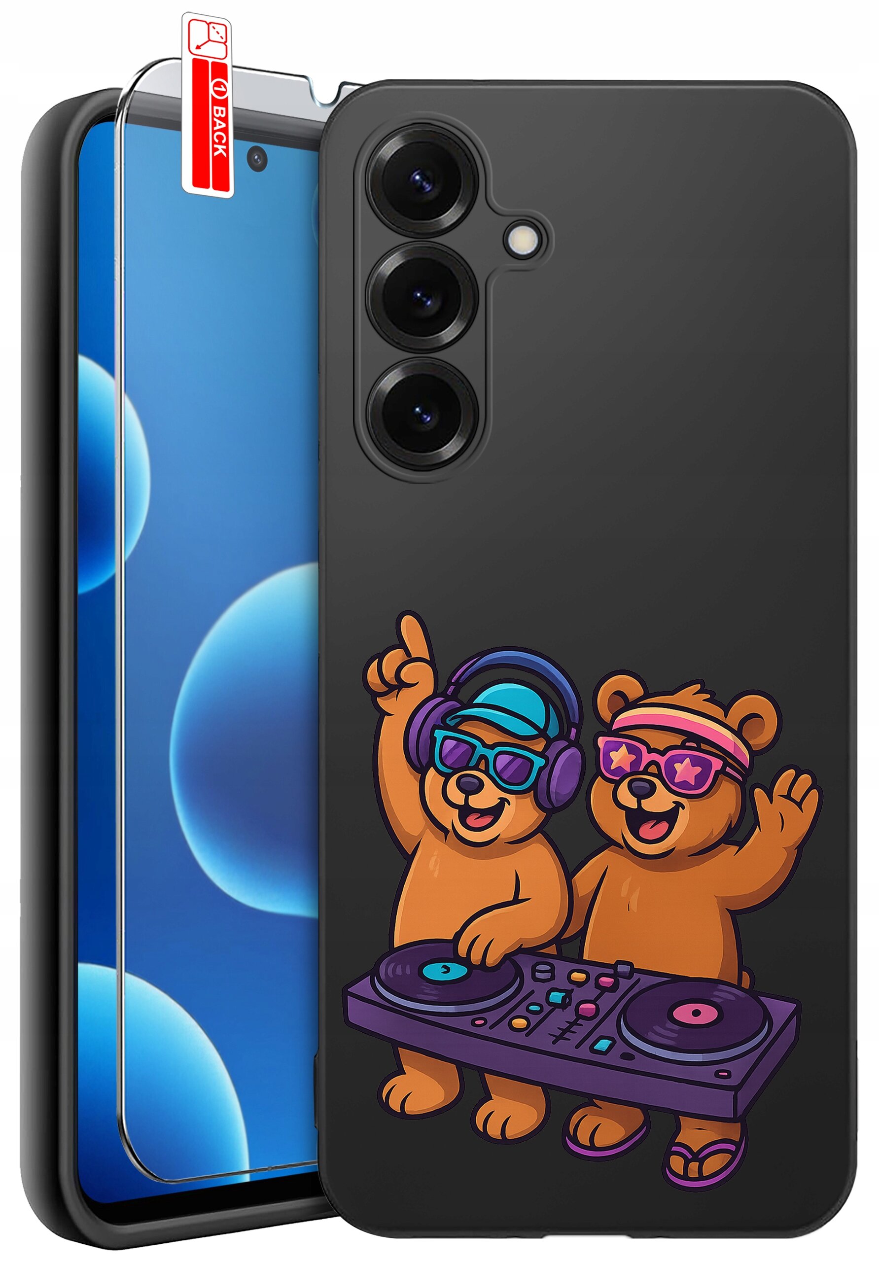 Etui na telefon z grafiką dwóch niedźwiedzi w okularach i słuchawkach, stojących przy konsoli DJ. Obok etui znajduje się szkło ochronne z napisem \'BACK\'.