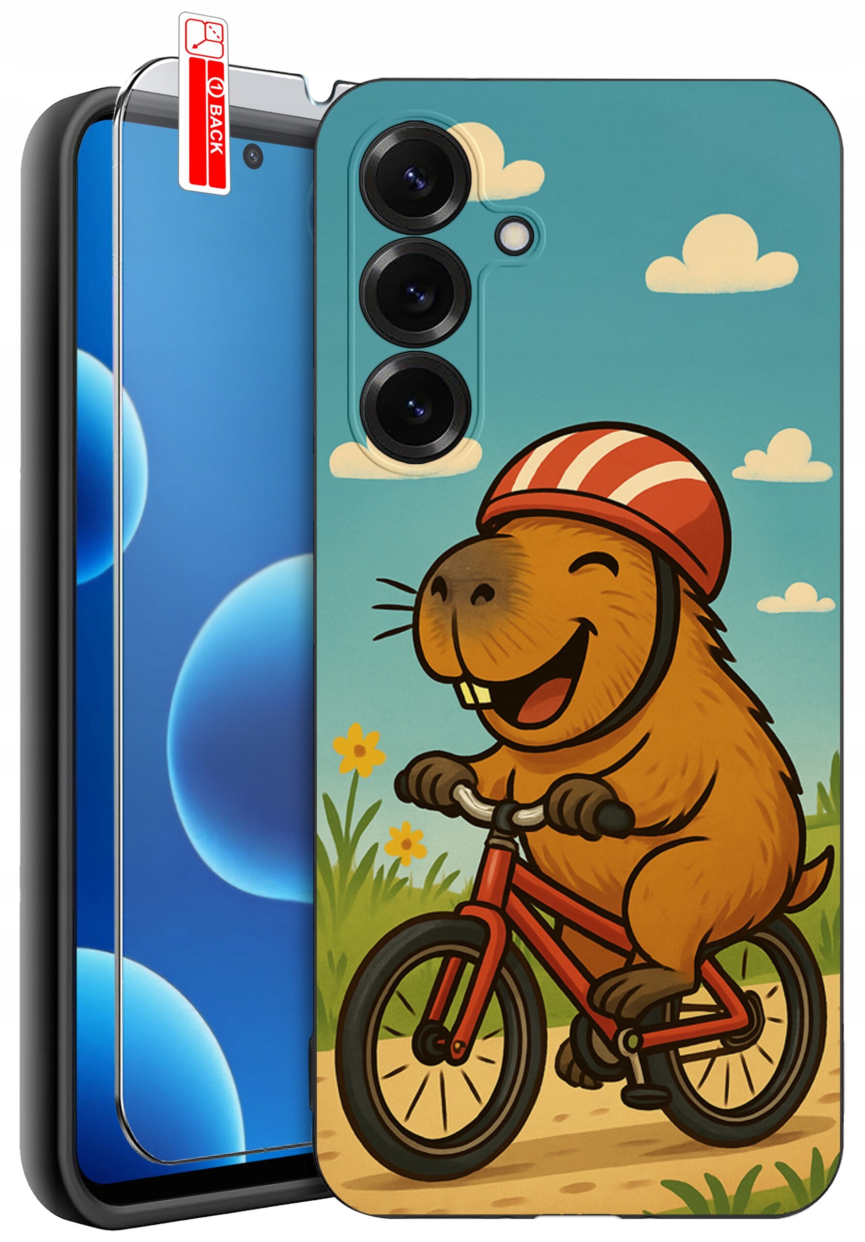 Etui na telefon z kolorowym nadrukiem przedstawiającym radosnego zwierzaka na rowerze w kasku, na tle nieba z chmurkami. Obok etui widoczne jest szkło ochronne z napisem \'BACK\'.