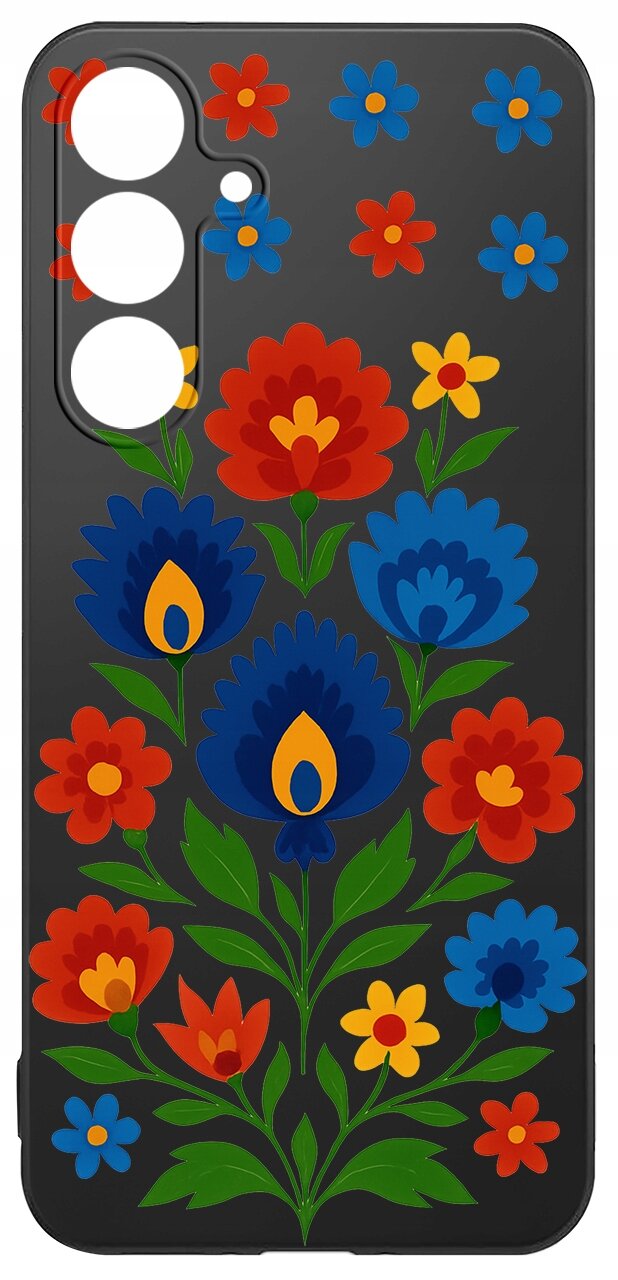 Etui na telefon z kolorowym wzorem kwiatowym na czarnym tle, z wycięciami na aparat i przyciski.