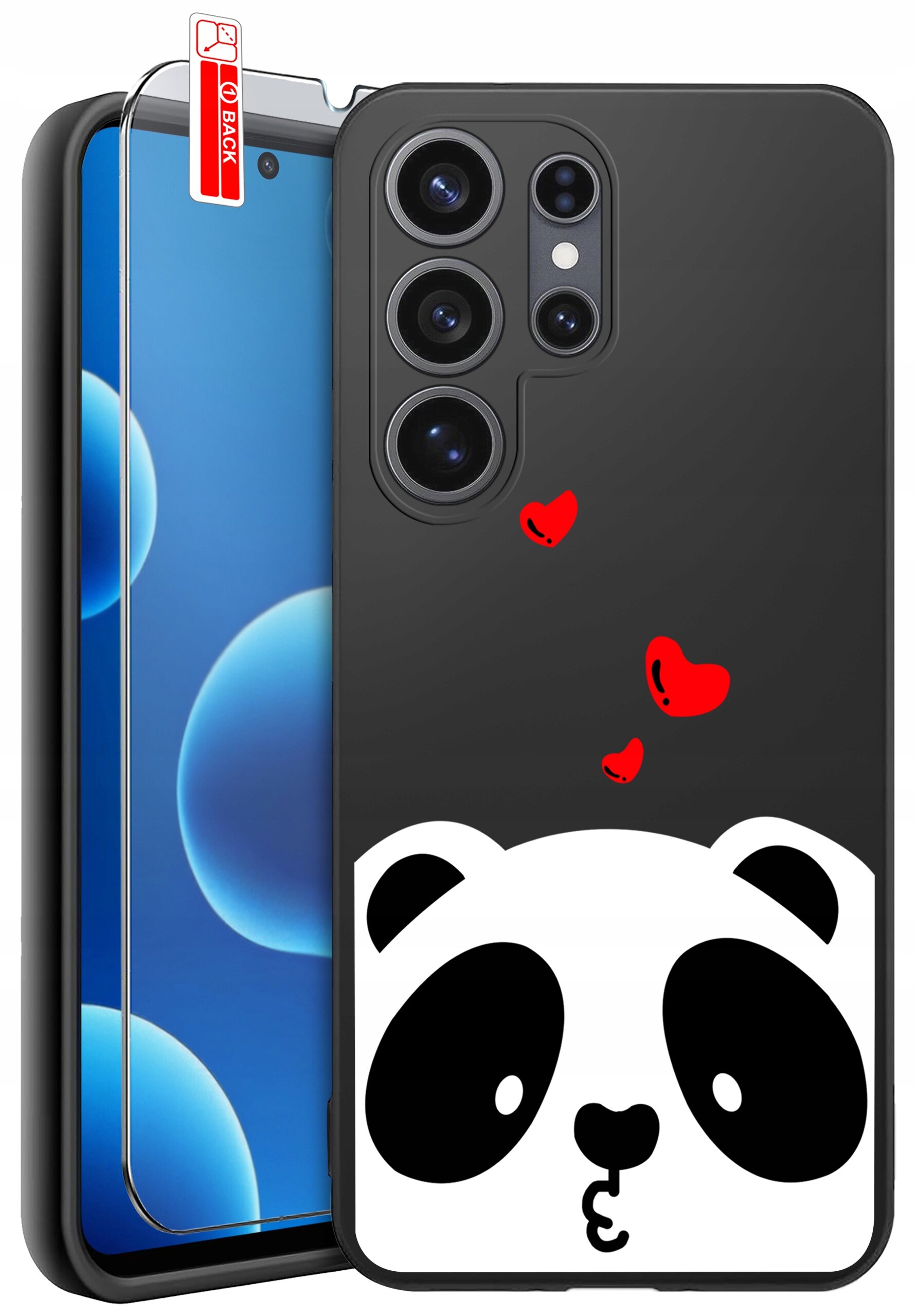 Obraz przedstawia czarne etui na telefon z nadrukiem pandy i czerwonymi serduszkami. Obok etui znajduje się szkło ochronne z napisem \'BACK\'.