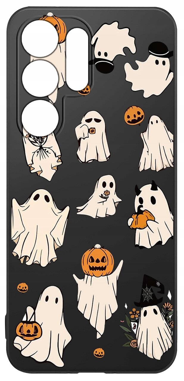 Etui na telefon z czarnym tłem ozdobione wzorami duchów i dyni w stylu Halloween. Wzory są rozmieszczone na całej powierzchni etui, a otwory na aparat są widoczne.