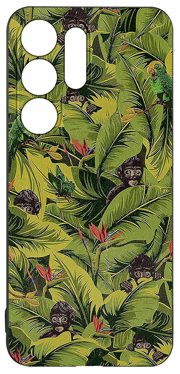 Etui na telefon z wzorem przedstawiającym zielone liście i ukryte wśród nich małpy oraz papugi. W etui znajdują się wycięcia na aparat i inne elementy telefonu.