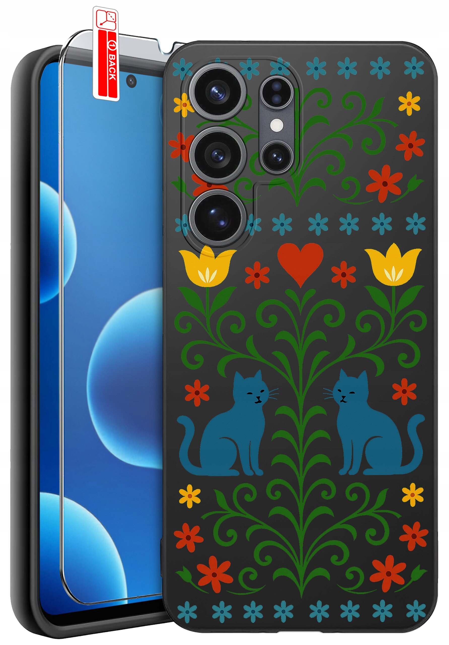 Etui na telefon z kolorowym wzorem przedstawiającym dwa niebieskie koty, kwiaty i serce na ciemnym tle. Obok etui znajduje się szkło ochronne z napisem \'BACK\'.