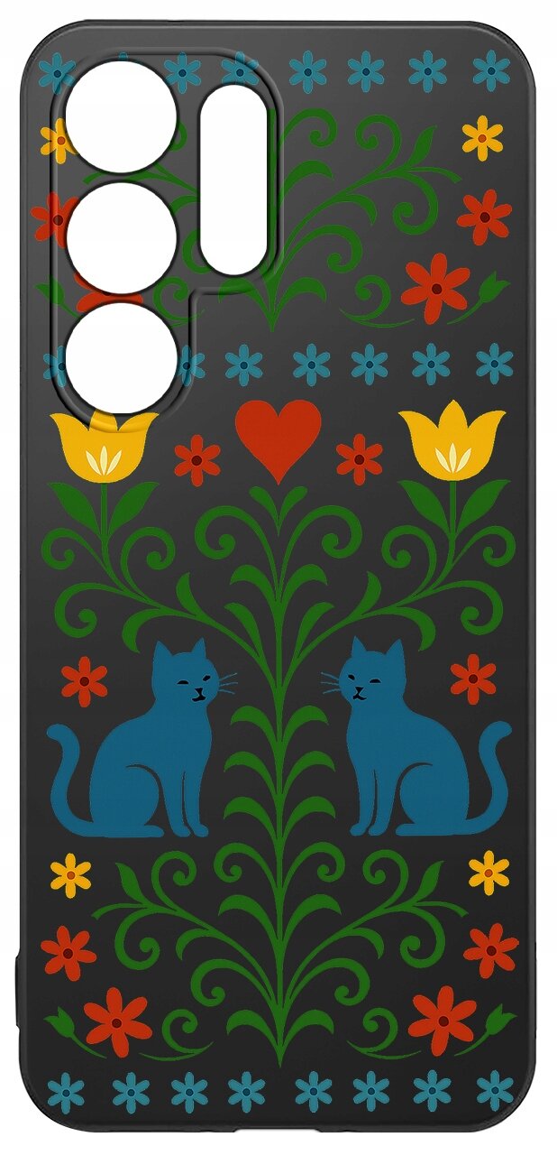 Etui na telefon z kolorowym wzorem przedstawiającym dwa niebieskie koty, kwiaty i serce na czarnym tle. Wzór jest symetryczny i ozdobny.
