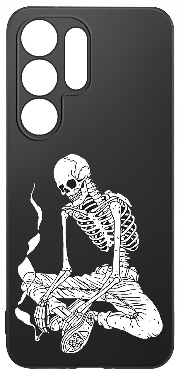 Czarne etui na telefon z białym nadrukiem przedstawiającym szkielet siedzący w pozycji z nogami skrzyżowanymi. Etui ma wycięcia na aparat i inne elementy telefonu.