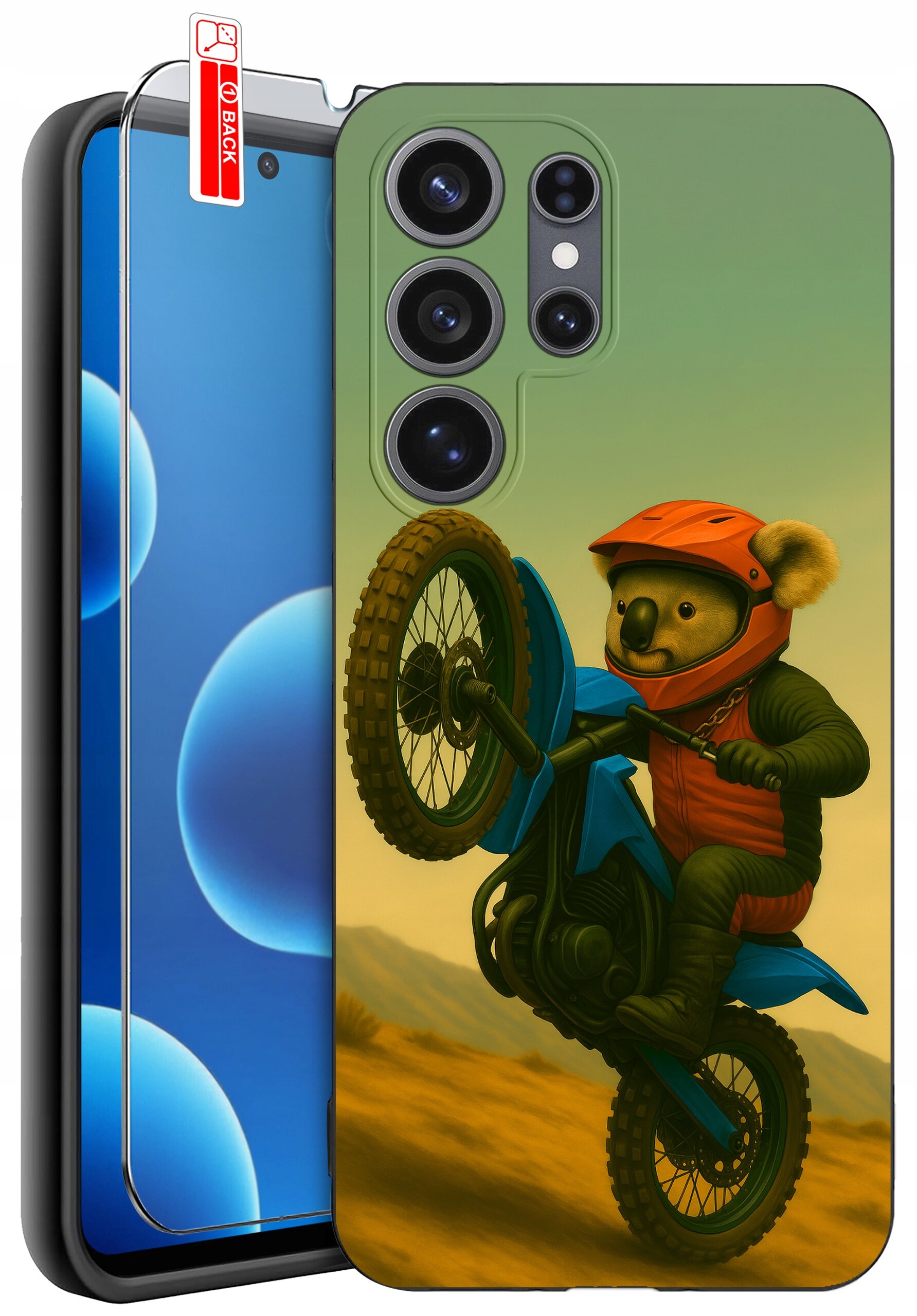 Etui na telefon z nadrukiem koali na motocyklu w kasku i kamizelce. Obok widoczna jest osłona ekranu z napisem \'BACK\'.