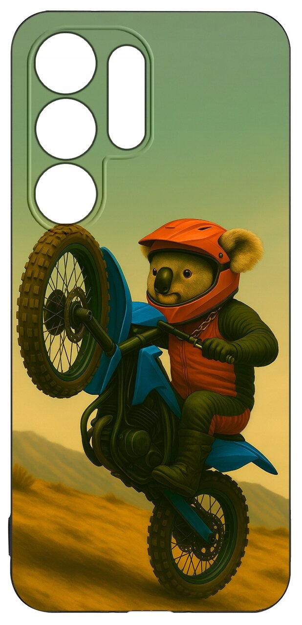 Etui na telefon z nadrukiem koali w kasku, jadącej na niebieskim motocyklu na tle pustynnego krajobrazu. Etui ma wycięcia na aparat i przyciski.