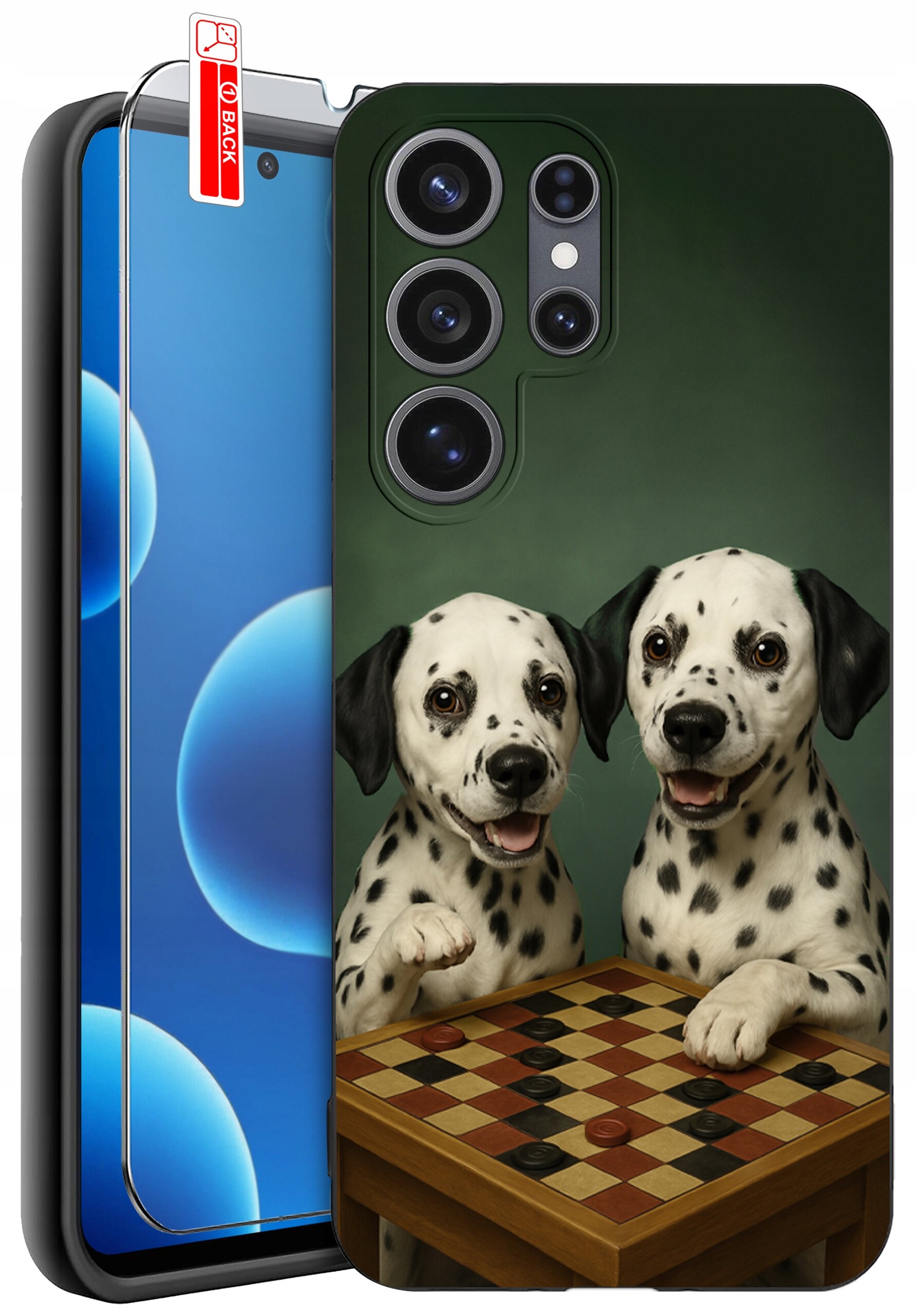 Etui na telefon z nadrukiem dwóch dalmatyńczyków przy stole do gry w warcaby. Obok znajduje się szkło ochronne z oznaczeniem \'BACK\'.