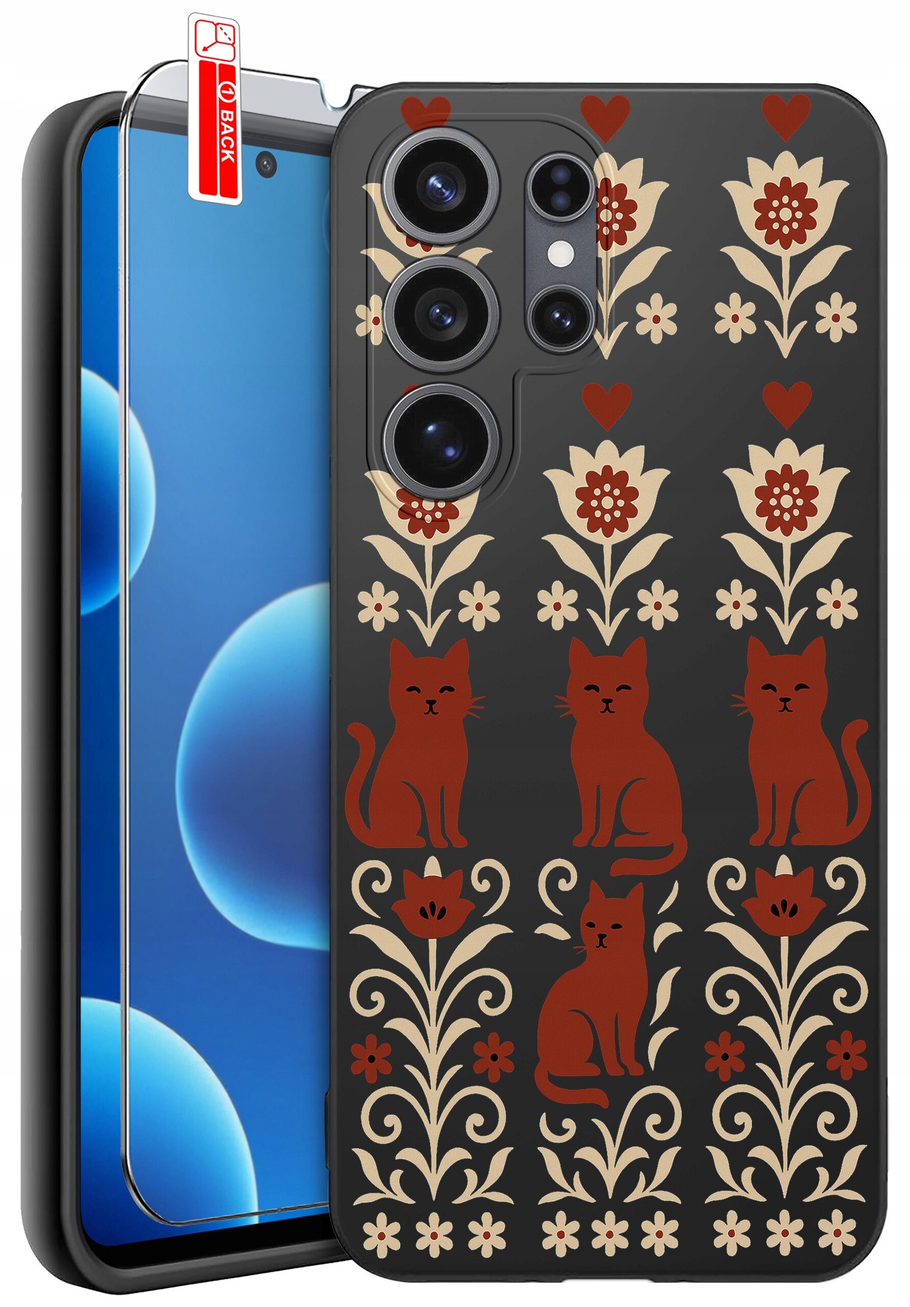 Etui na telefon z wzorem przedstawiającym czerwone koty i kwiaty na ciemnym tle. Obok etui znajduje się szkło ochronne z etykietą \'BACK\'.