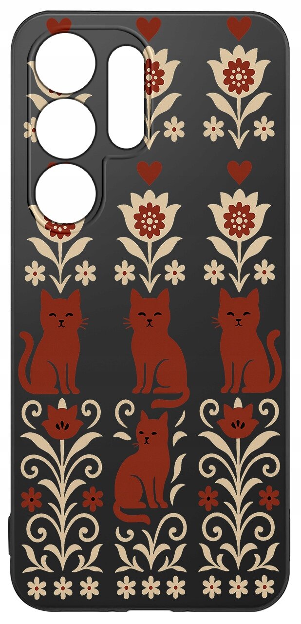 Etui na telefon z wzorem przedstawiającym czerwone koty i kwiaty na ciemnym tle. Wzór jest symetryczny i ozdobny.