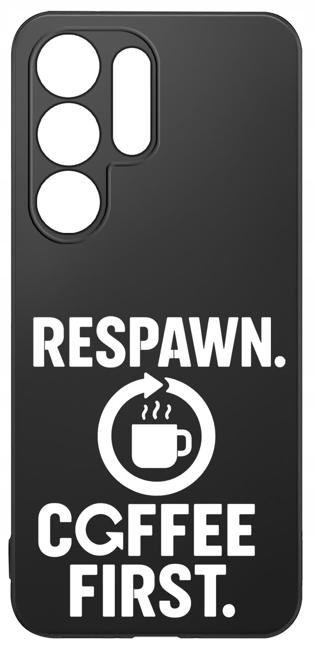 Czarne etui na telefon z wycięciami na aparat i napisem \'RESPAWN. COFFEE FIRST.\' oraz symbolem filiżanki z parującą kawą w okręgu.
