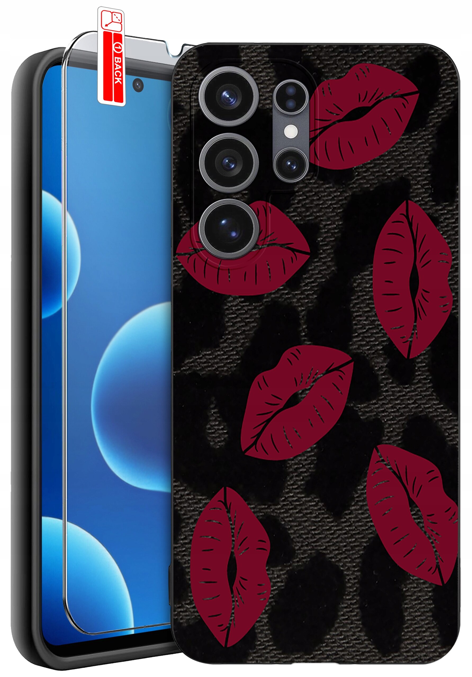 Obraz przedstawia etui na telefon z wzorem czerwonych ust na ciemnym tle oraz szkło ochronne z oznaczeniem \'BACK\'.
