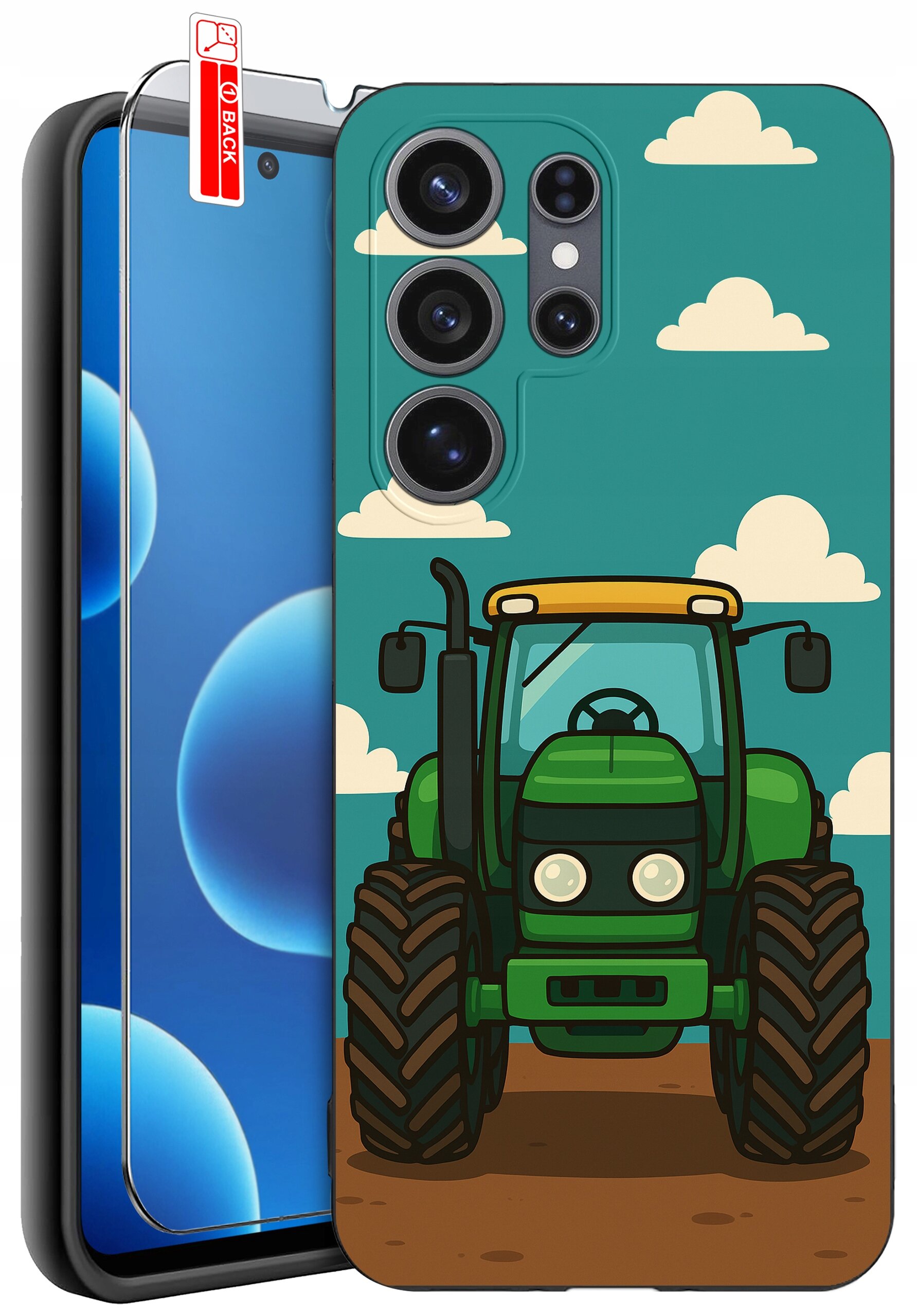 Etui na telefon z nadrukiem zielonego traktora na tle nieba z chmurami. Obok znajduje się szkło ochronne z napisem \'BACK\'.