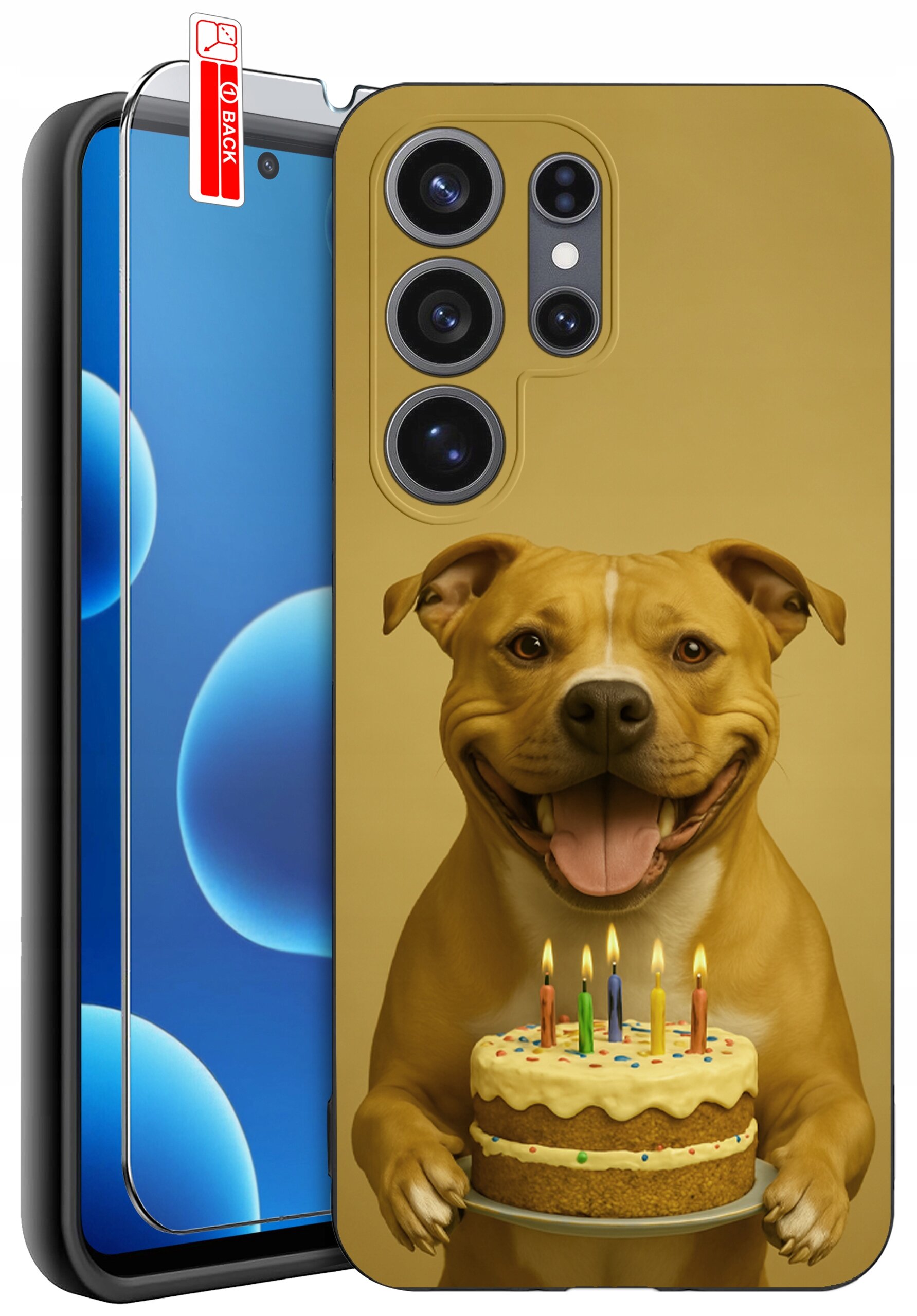 Etui na telefon z wizerunkiem psa trzymającego tort z kolorowymi świeczkami. Obok widoczny jest telefon z nałożonym szkłem ochronnym, oznaczonym etykietą \'BACK\'.
