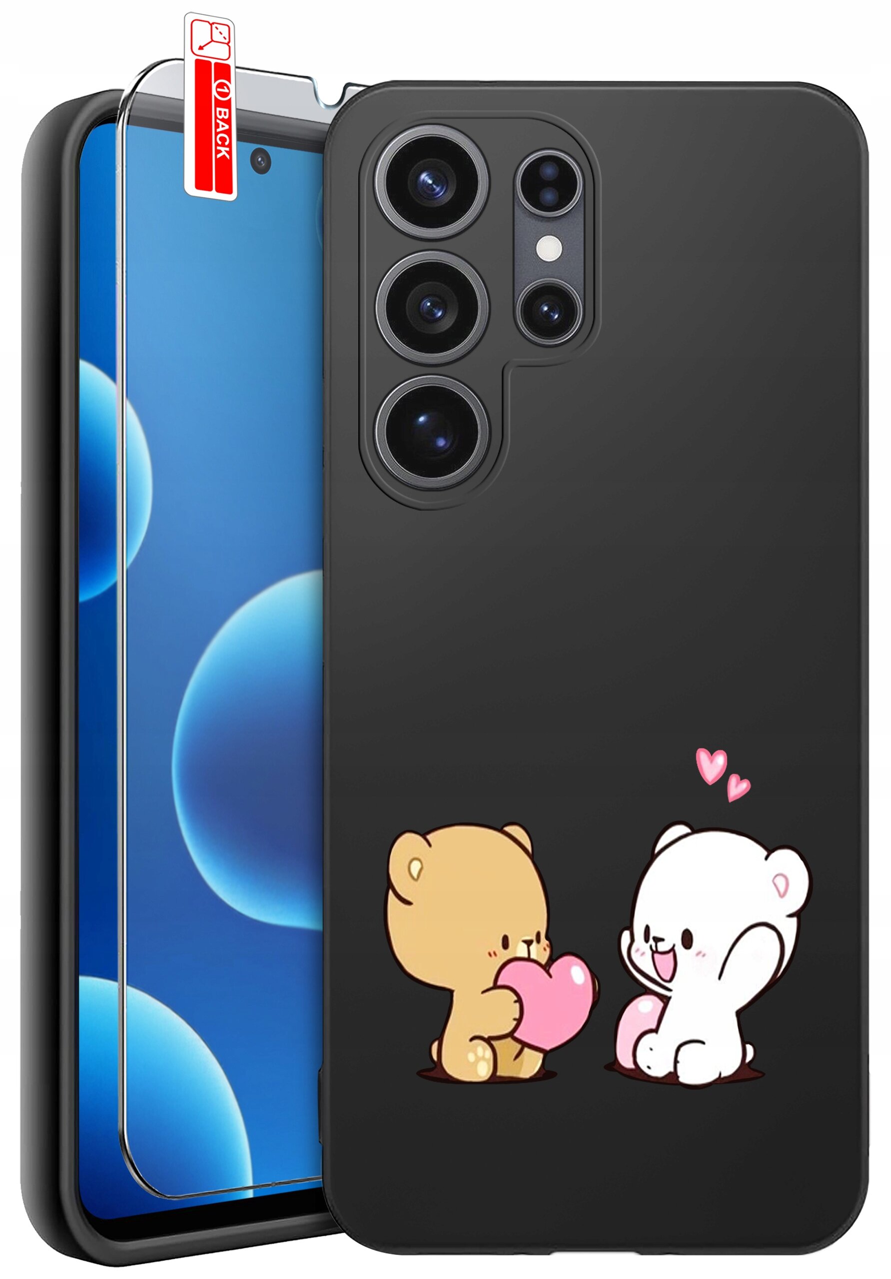 Na obrazie widoczne jest czarne etui na telefon z grafiką dwóch misiów trzymających różowe serca. Obok etui znajduje się szkło ochronne z napisem \'BACK\'.