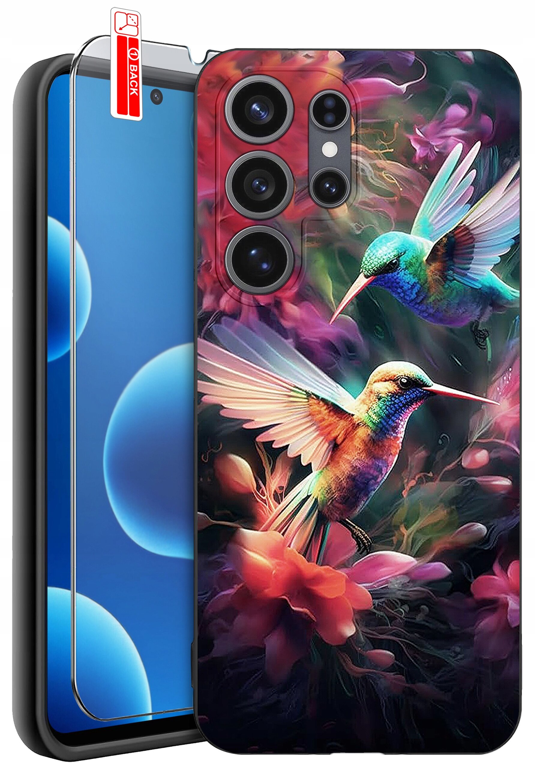 Obraz przedstawia etui na telefon z kolorowym wzorem kolibrów na tle kwiatów. Obok etui znajduje się szkło ochronne z napisem \'BACK\'.